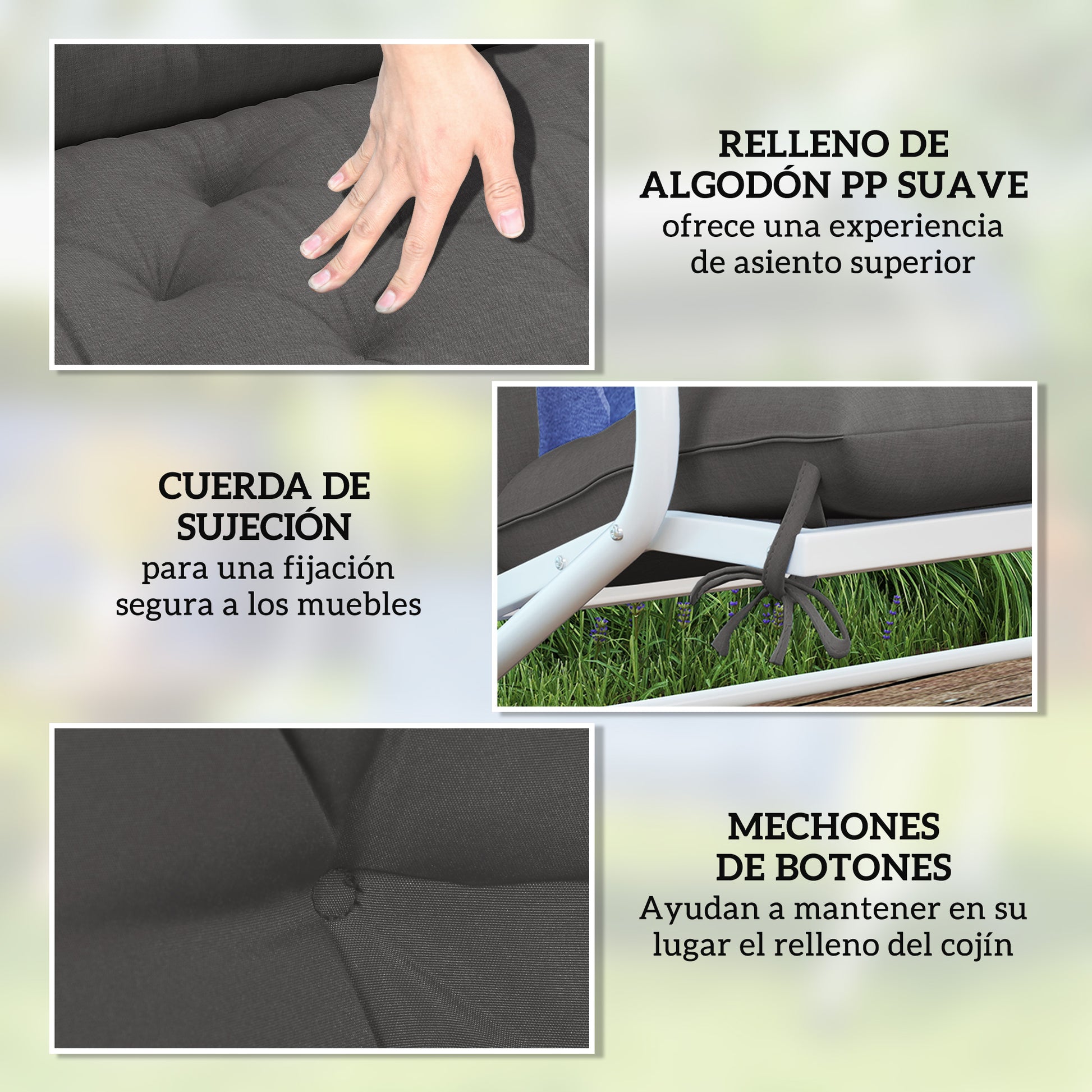 Outsunny Cojín para Banco con Respaldo 120x110x12 cm Colchón de Banco de Jardín de 2 Plazas con 6 Cordones de Fijación para Columpio de Jardín Terraza Negro
