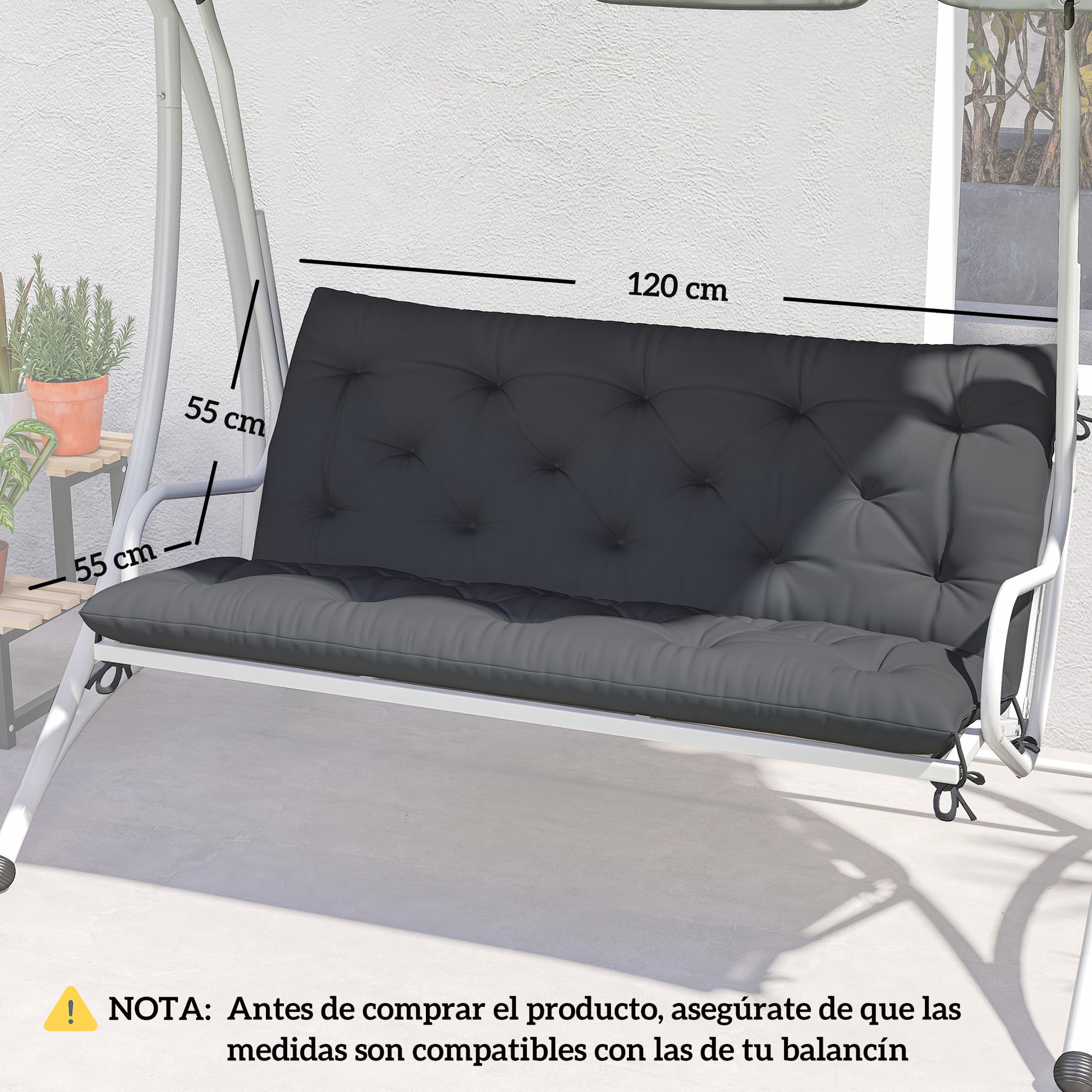 Outsunny Cojín para Banco con Respaldo 120x110x12 cm Colchón de Banco de Jardín de 2 Plazas con 6 Cordones de Fijación para Columpio de Jardín Terraza Negro