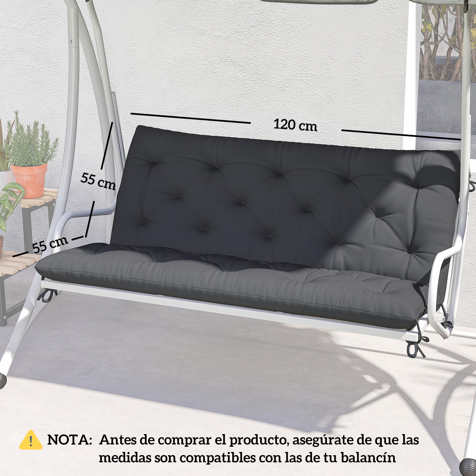 Outsunny Cojín para Banco con Respaldo 120x110x12 cm Colchón de Banco de Jardín de 2 Plazas con 6 Cordones de Fijación para Columpio de Jardín Terraza Negro