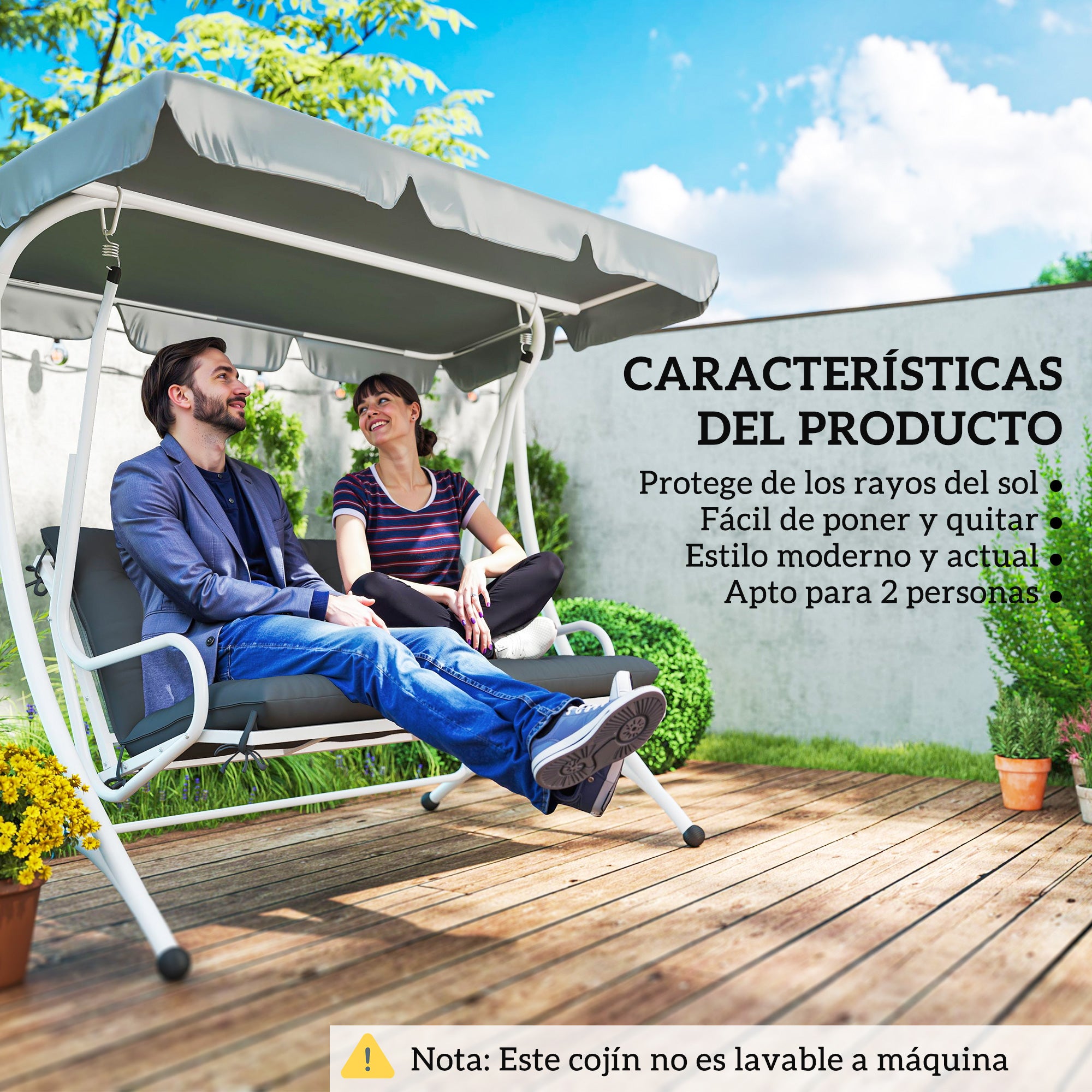 Outsunny Cojín para Banco con Respaldo 120x110x12 cm Colchón de Banco de Jardín de 2 Plazas con 6 Cordones de Fijación para Columpio de Jardín Terraza Negro