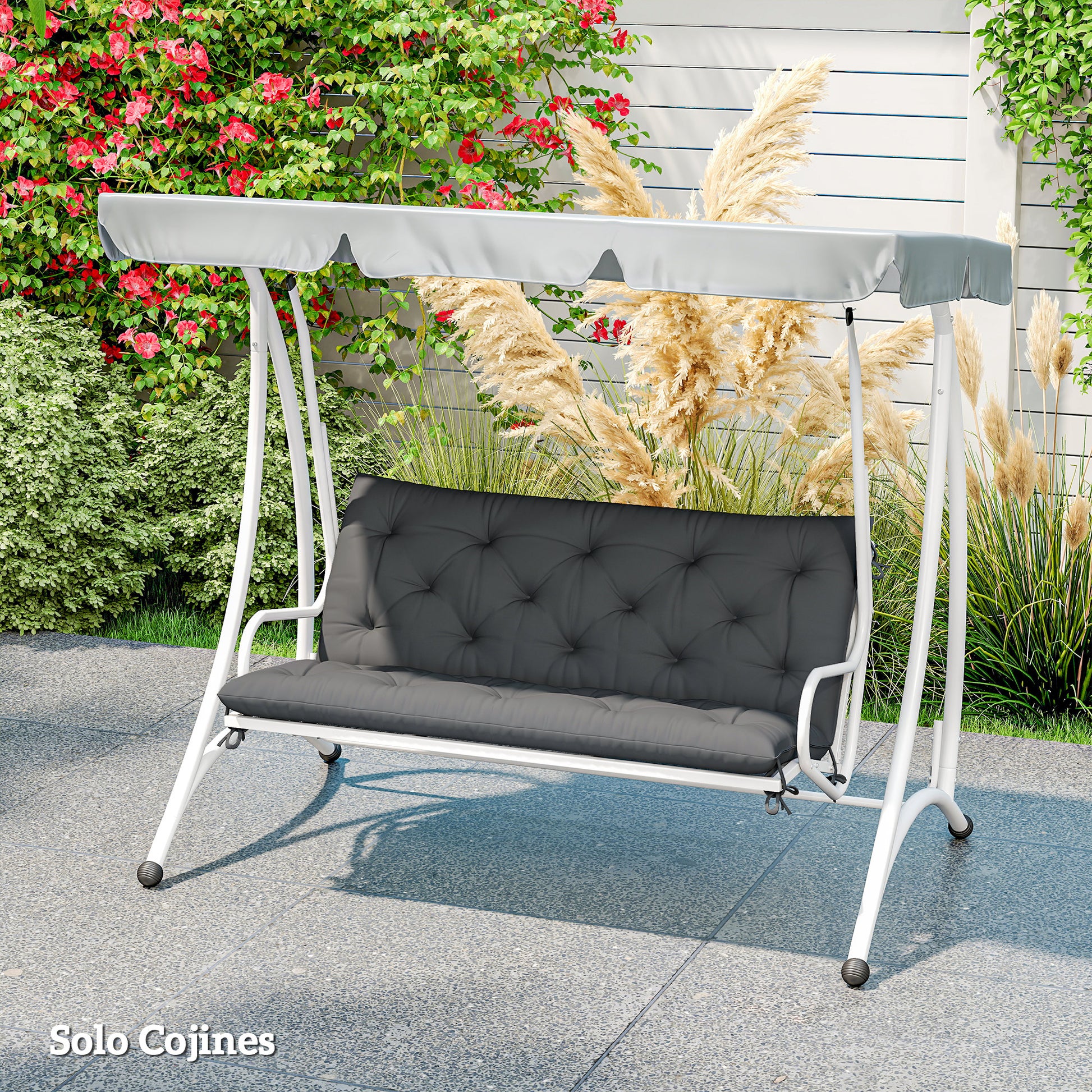 Outsunny Cojín para Banco con Respaldo 120x110x12 cm Colchón de Banco de Jardín de 2 Plazas con 6 Cordones de Fijación para Columpio de Jardín Terraza Negro