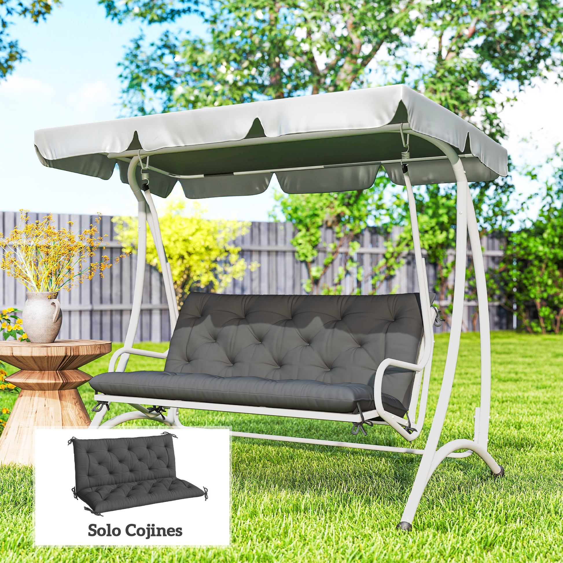 Outsunny Cojín para Banco con Respaldo 120x110x12 cm Colchón de Banco de Jardín de 2 Plazas con 6 Cordones de Fijación para Columpio de Jardín Terraza Negro