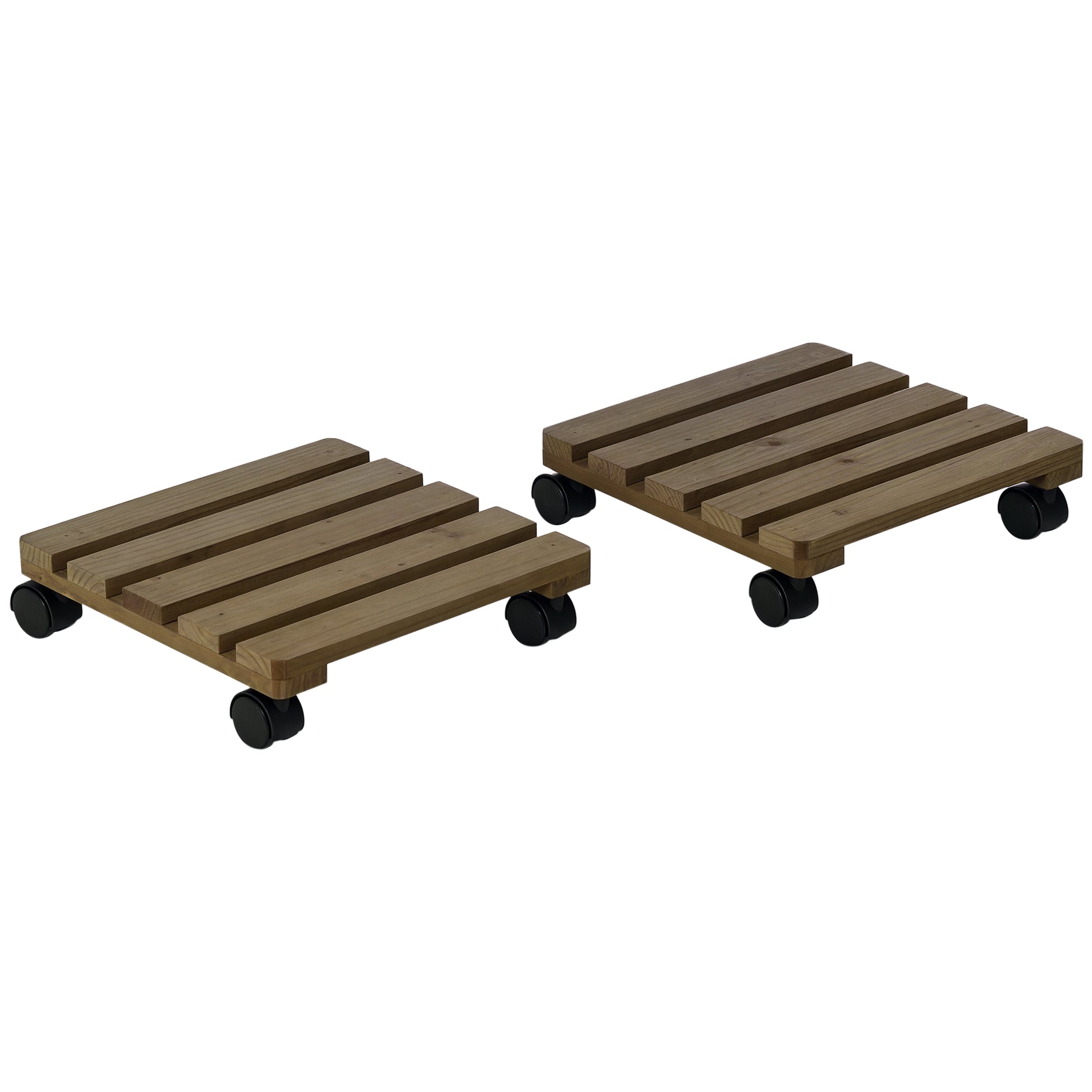 Outsunny Pack de 2 Plataformas con Ruedas de Madera, Soportes para Plantas con Ruedas 360 ° Giratorias Bloqueables, Bases para Macetas, Exterior, Interior, Jardín, Carga 50 kg, Marrón Oscuro