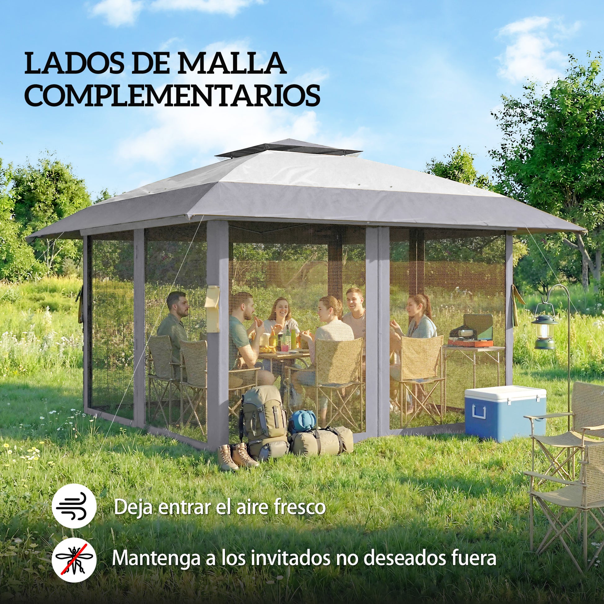 Outsunny Carpa Plegable 4x4 m, Pop-up, con Doble Techo, 4 Paredes Laterales de Malla, Cenador de Jardín con Altura Ajustable 3 Niveles, Bolsa de Transporte, UPF30+, Gazebo para Camping, Fiestas, Gris