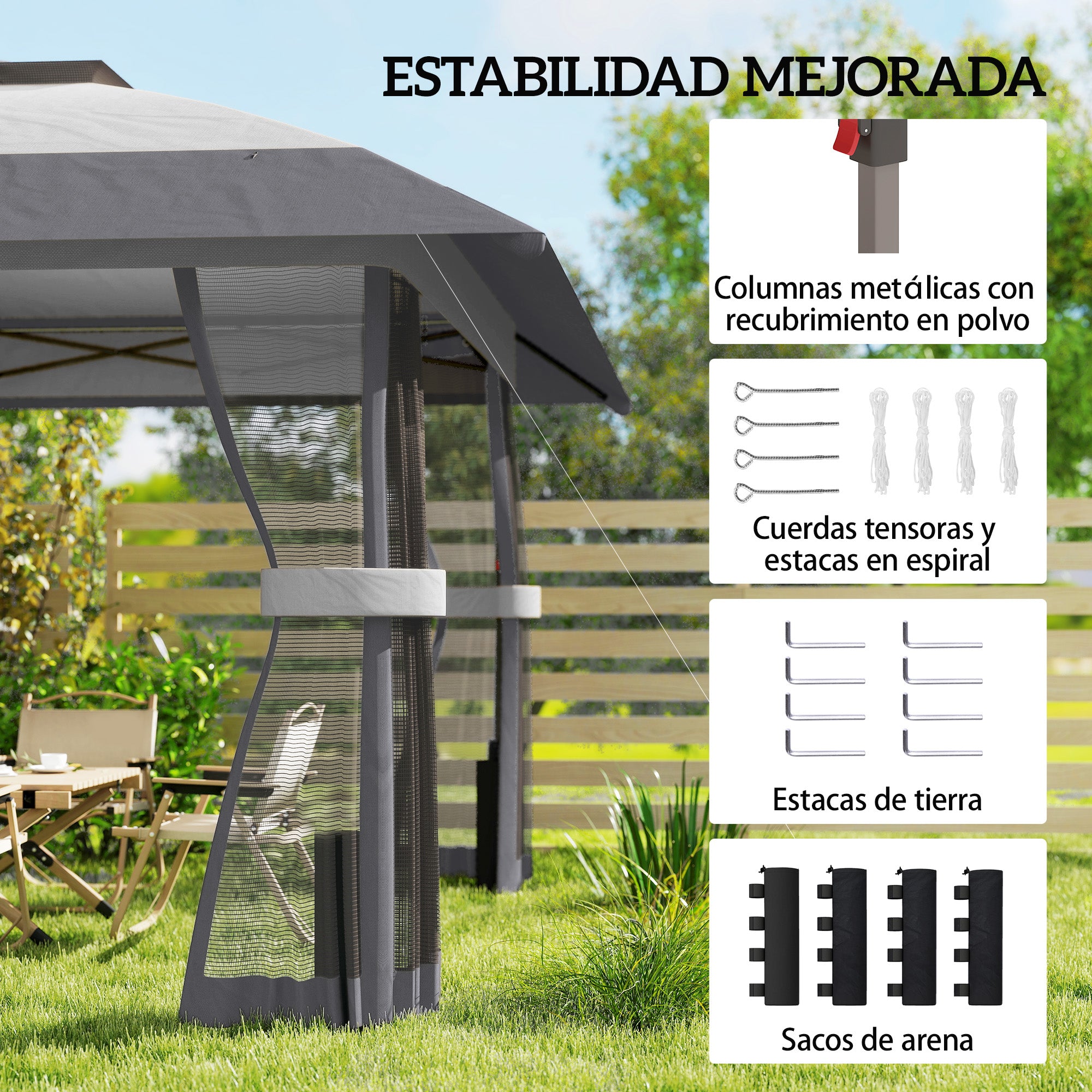 Outsunny Carpa Plegable 4x4 m, Pop-up, con Doble Techo, 4 Paredes Laterales de Malla, Cenador de Jardín con Altura Ajustable 3 Niveles, Bolsa de Transporte, UPF30+, Gazebo para Camping, Fiestas, Gris