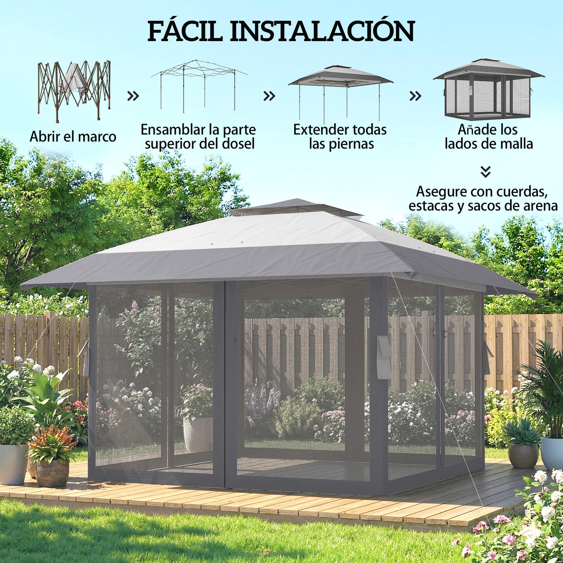 Outsunny Carpa Plegable 4x4 m, Pop-up, con Doble Techo, 4 Paredes Laterales de Malla, Cenador de Jardín con Altura Ajustable 3 Niveles, Bolsa de Transporte, UPF30+, Gazebo para Camping, Fiestas, Gris