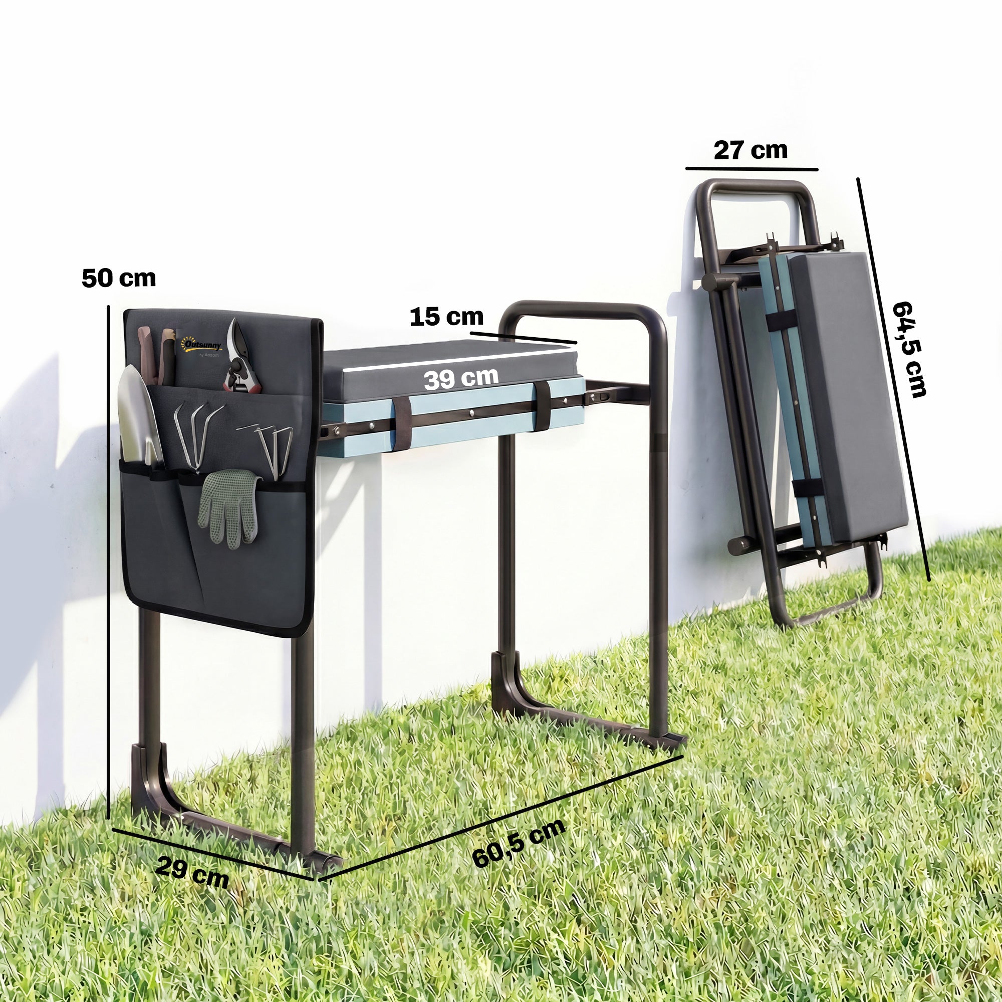 Outsunny Taburete de Jardín Plegable con Almohadilla de Espuma EVA, Asiento de Jardín Portátil con Bolsa para Herramientas, Patas Extensibles, Carga 150kg, Regalo para Jardineros Ancianos, Gris Oscuro