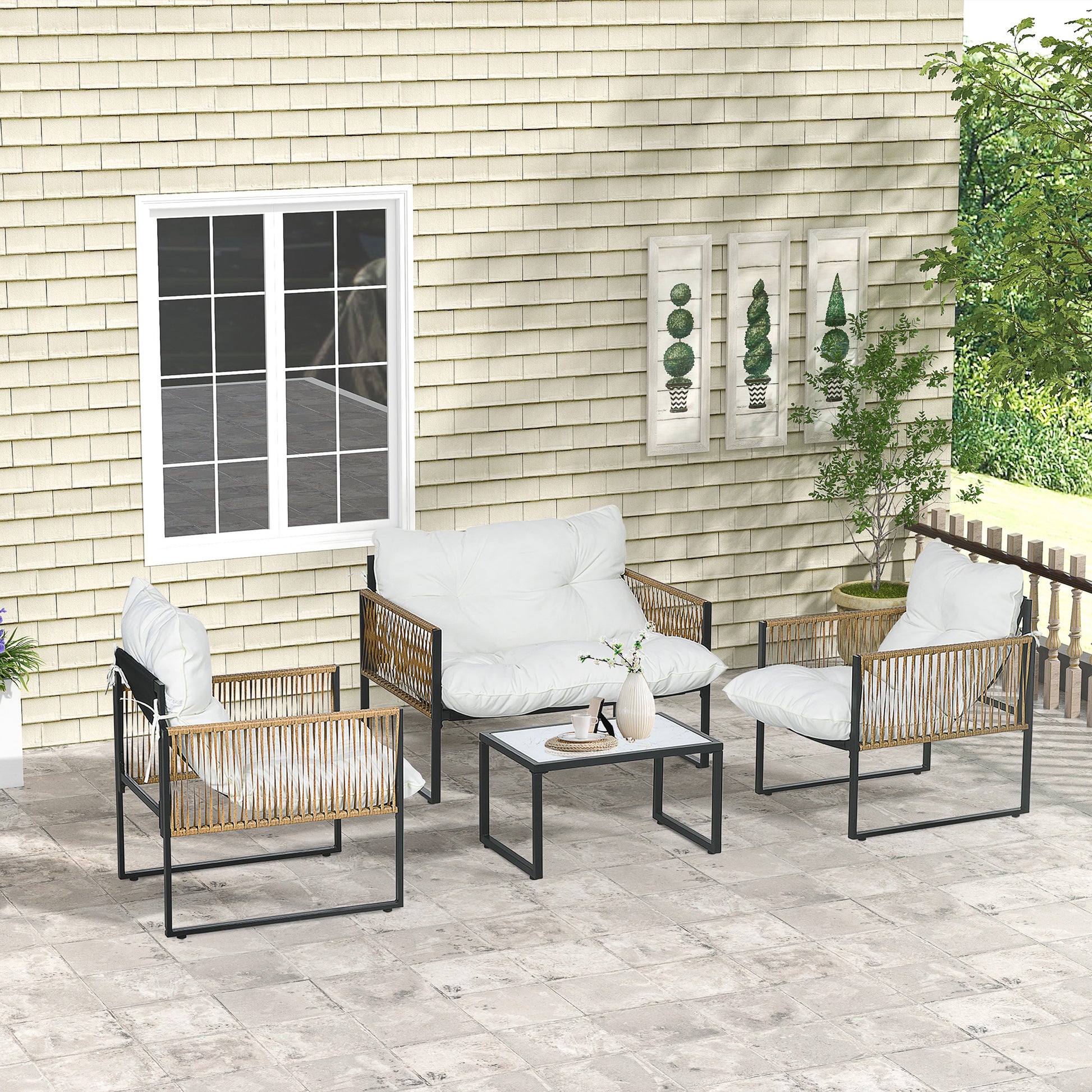 Outsunny Conjunto Jardín Exterior de Ratán, Muebles Jardín Exterior para 4 Piezas, Muebles Terraza con 1 Sofá de 2 Plazas, 2 Sillones, Cojines y 1 Mesa de Tablero de Vidrio, para Patio, Crema y Marrón