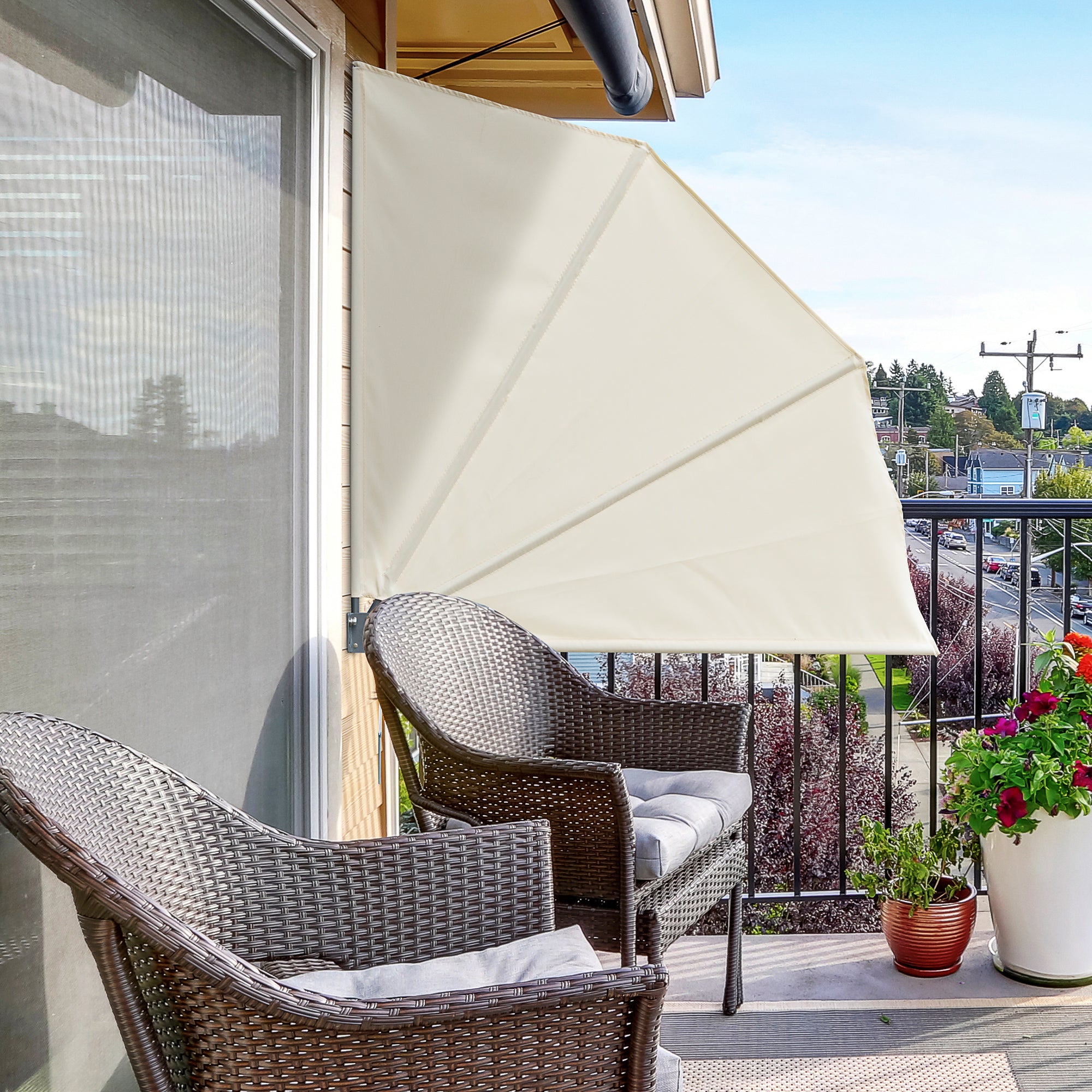 Outsunny Toldo Lateral Plegable de Balcón 120x120 cm en Forma de Abanico Aluminio con Soporte de Pared para Suelo Terraza Patio Beige