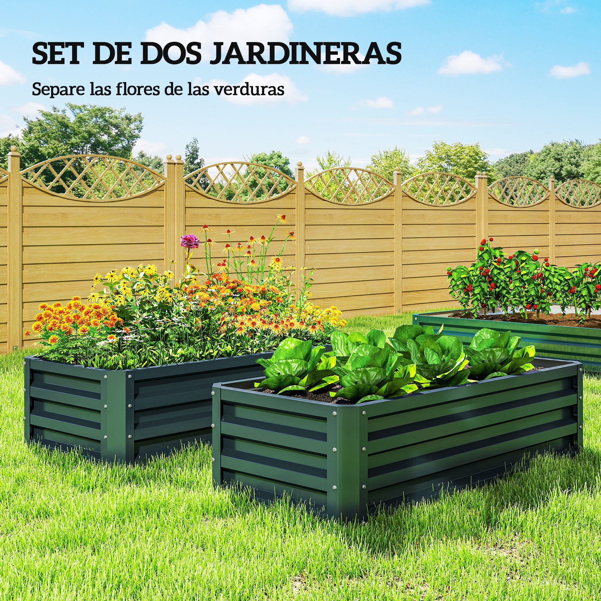 Outsunny Juego de 2 Jardineras Exterior Grandes de Acero Galvanizado, Huertos Urbanos, Maceteros Exterior Elevados para Plantas, Flores, Terraza, Jardín, Resistente a la Intemperie, 110x50x30 cm Verde