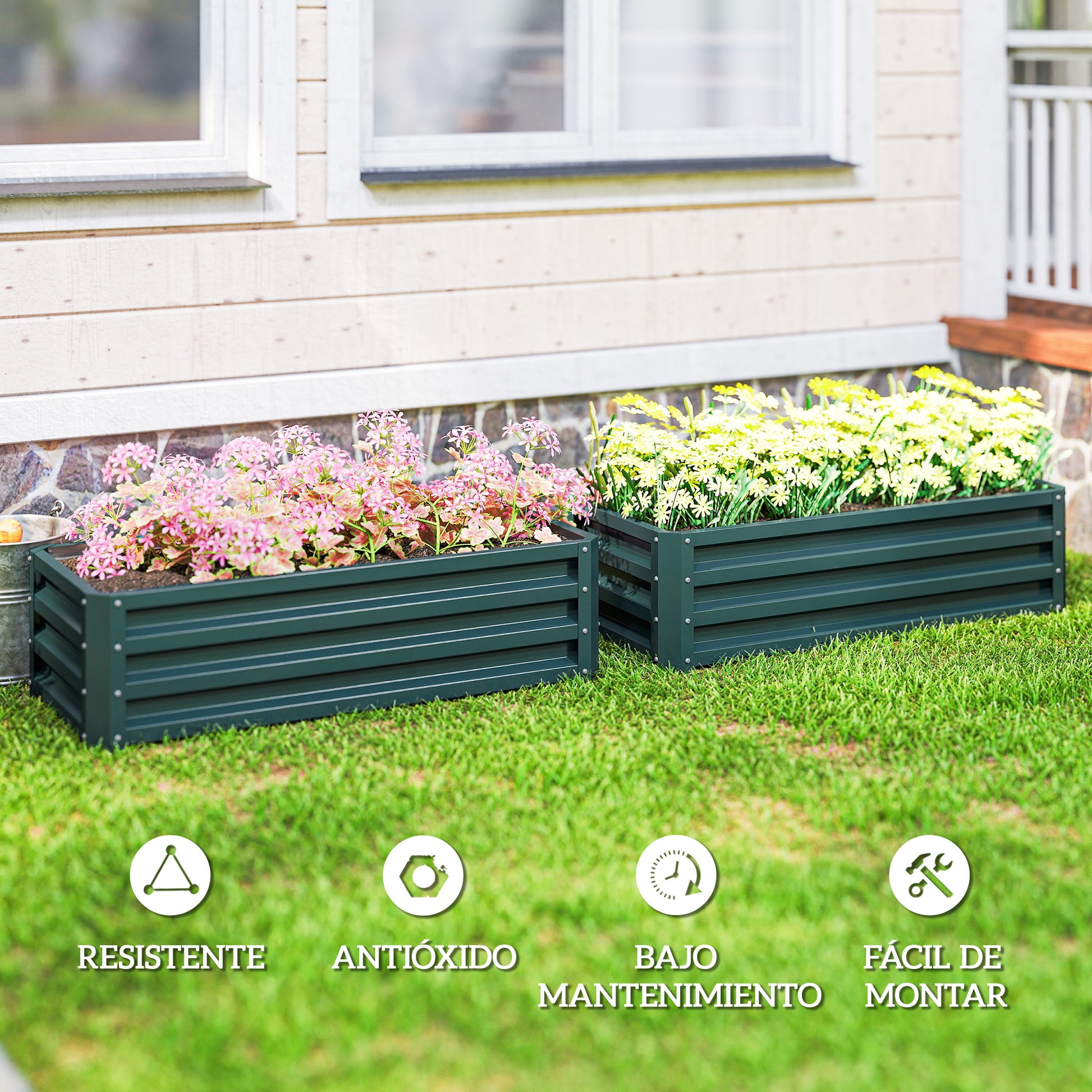 Outsunny Juego de 2 Jardineras Exterior Grandes de Acero Galvanizado, Huertos Urbanos, Maceteros Exterior Elevados para Plantas, Flores, Terraza, Jardín, Resistente a la Intemperie, 110x50x30 cm Verde