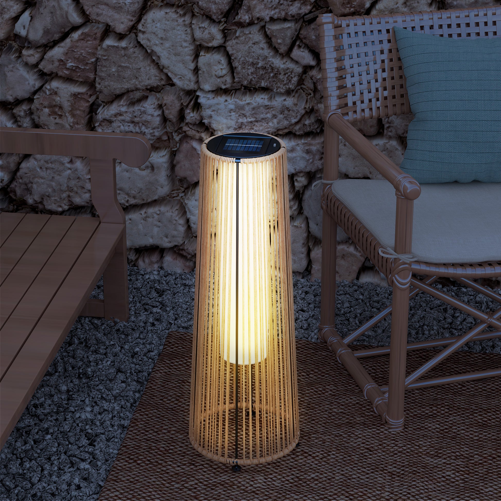 Outsunny Linterna de Jardín de Ratán Sintético Farola Solar Exterior con Luces LED Encendido y Apagado Automático Impermeable para Terraza Balcón Patio Ø21,5x61 cm Natural