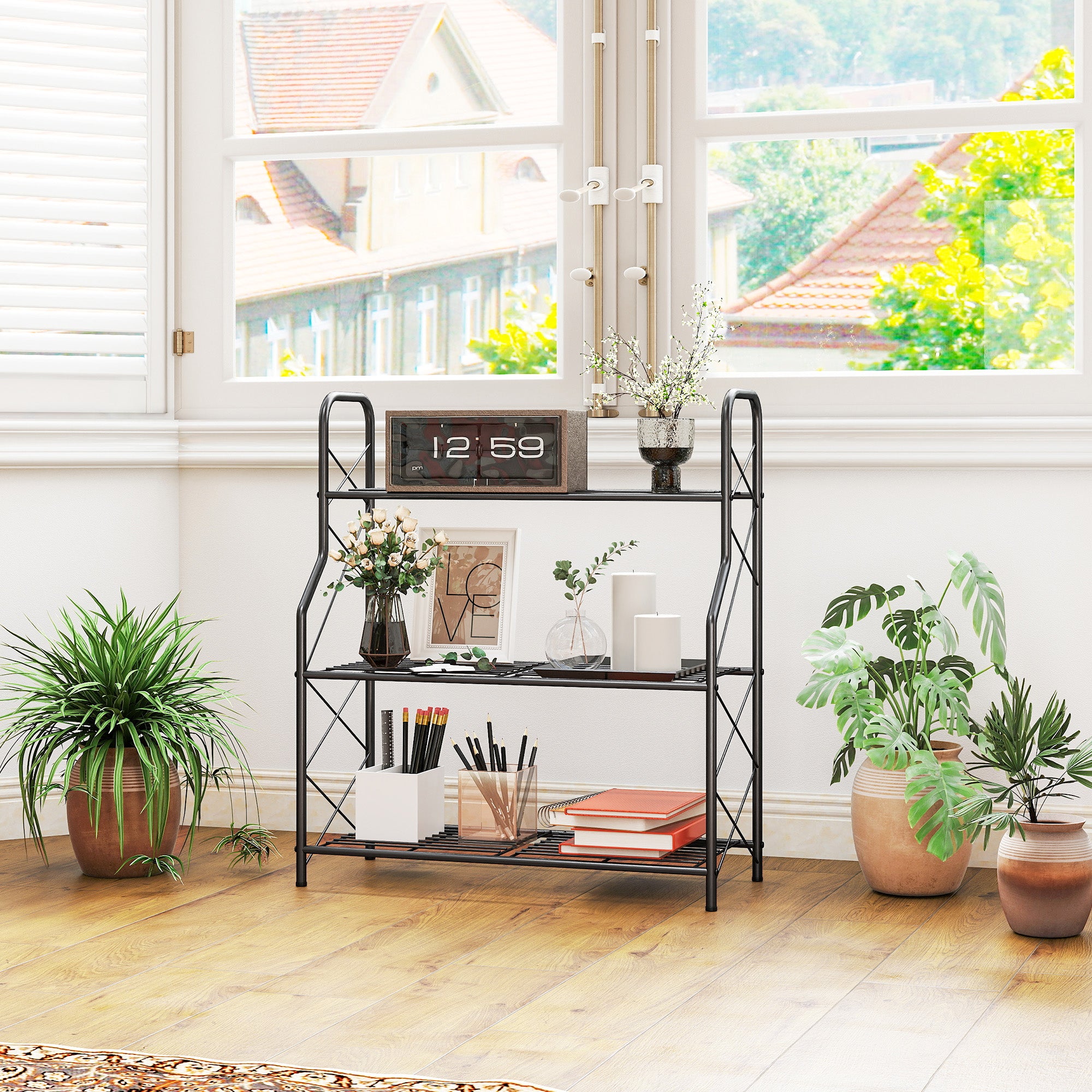 Outsunny Soporte para Plantas de 3 Niveles para Interior y Exterior, Estantería para Plantas de Metal con Patas Ajustables y Asas, Resistente y Estable, para Macetas, Patio, Jardín, Balcón, Negro