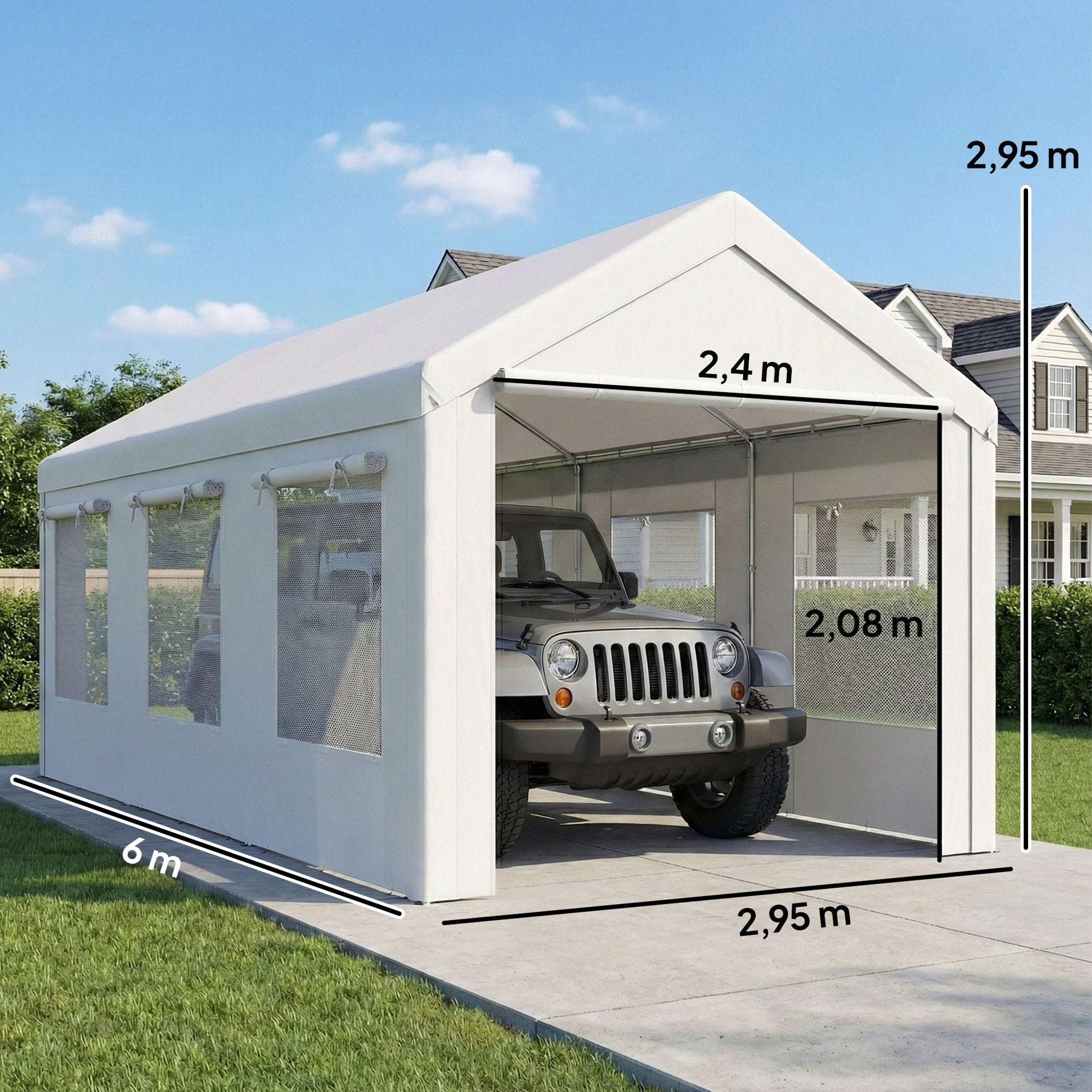 Outsunny Carpa Garaje Portátil 3x6 m Garaje Exterior para Coche Impermeable con 2 Puertas Enrollables y 6 Ventanas Malla Altura Ajustable Marco Acero Galvanizado UPF30+ Cobertizo de Almacenaje Blanco