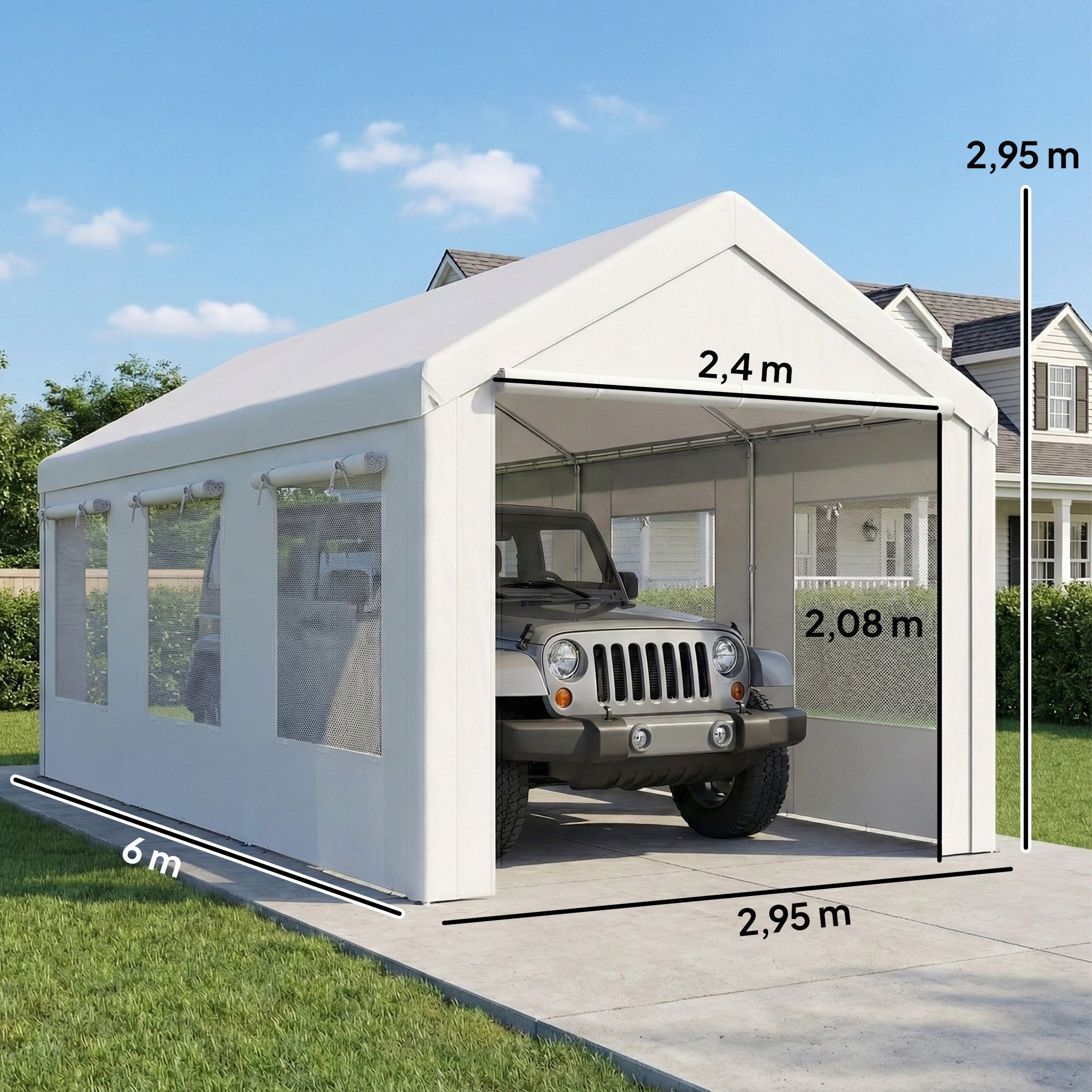 Outsunny Carpa Garaje Portátil 3x6 m Garaje Exterior para Coche Impermeable con 2 Puertas Enrollables y 6 Ventanas Malla Altura Ajustable Marco Acero Galvanizado UPF30+ Cobertizo de Almacenaje Blanco