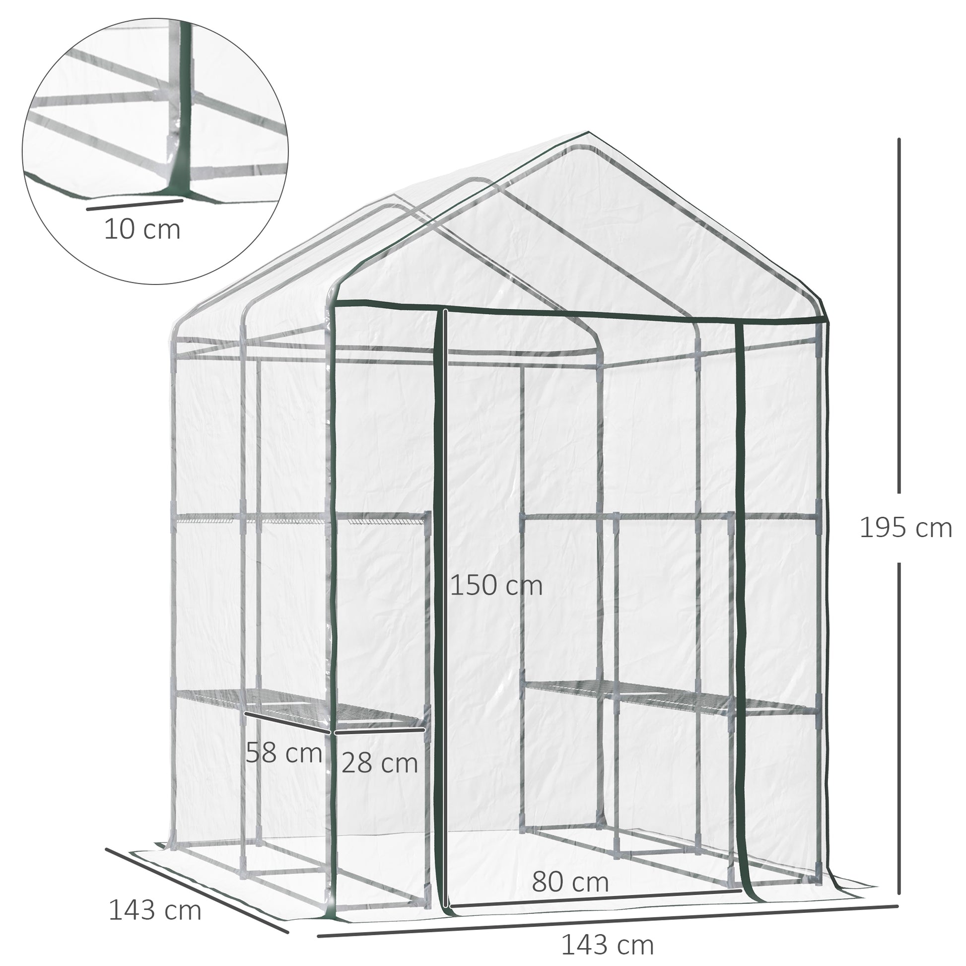 Outsunny Invernadero de Exterior Invernadero de Jardín de 3 Niveles con Estantes Marco de Acero para Cultivo de Plantas Flores Verduras 143x143x195 cm Translúcido y Verde