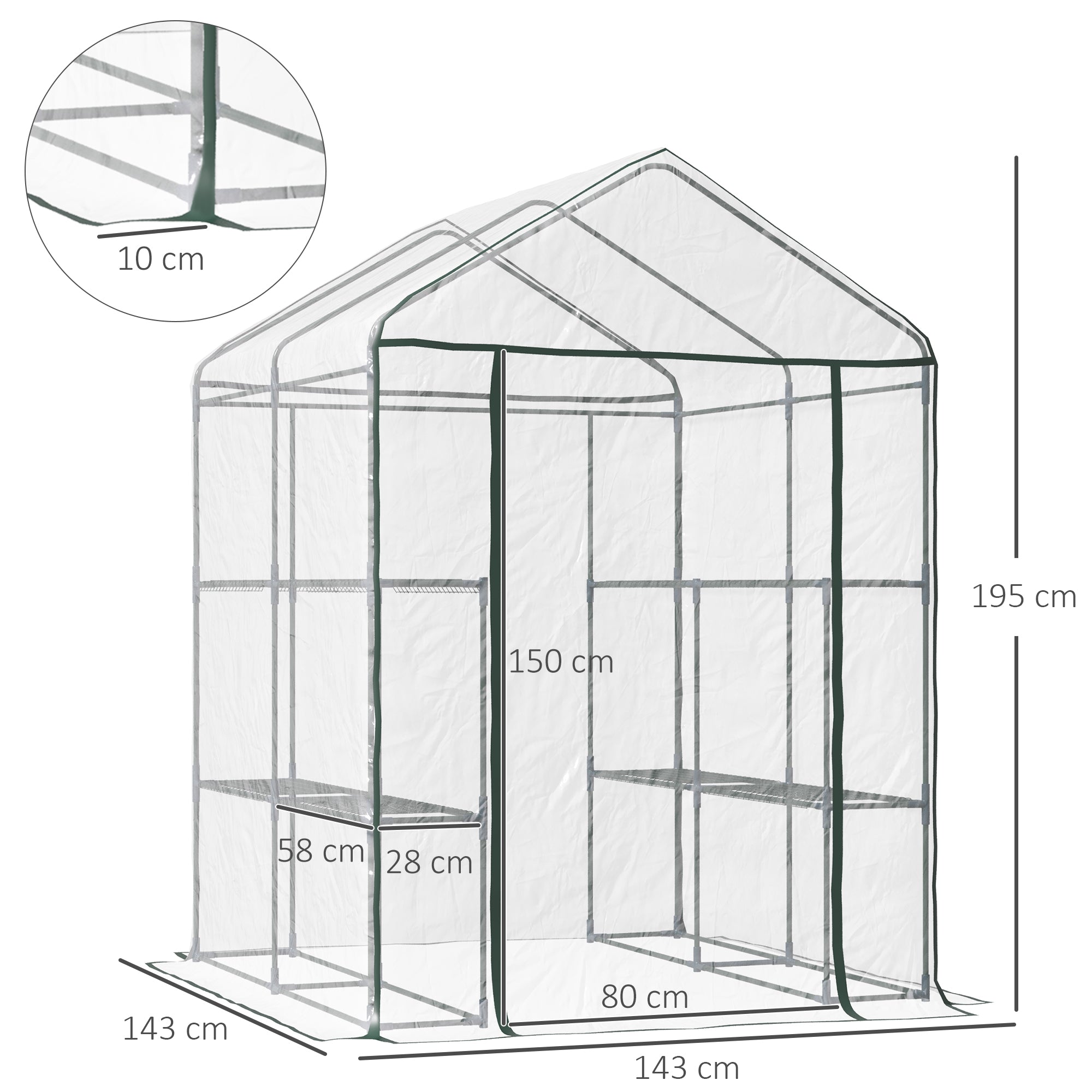 Outsunny Invernadero de Exterior Invernadero de Jardín de 3 Niveles con Estantes Marco de Acero para Cultivo de Plantas Flores Verduras 143x143x195 cm Translúcido y Verde