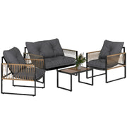 Outsunny Conjunto Jardín Exterior de Ratán, Muebles Jardín Exterior para 4 Piezas, Muebles Terraza con 1 Sofá de 2 Plazas, 2 Sillones, Cojines y 1 Mesa de Tablero de Vidrio, para Patio, Gris y Marrón