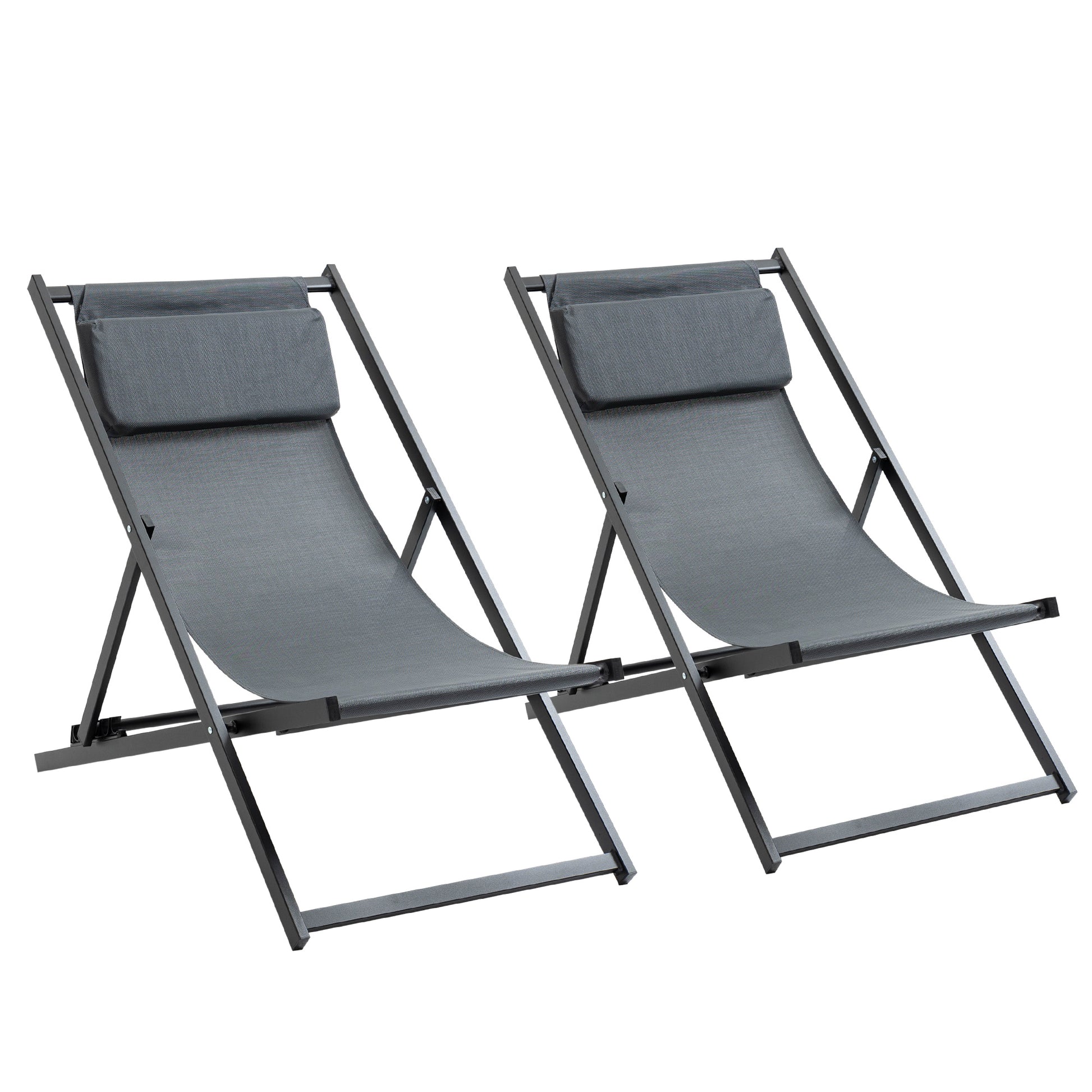 Outsunny Conjunto de 2 Tumbonas Plegables con Respaldo Regulable en 5 Posiciones y Reposacabezas Acolchado Incorporado 58x96.5x91.5cm Gris