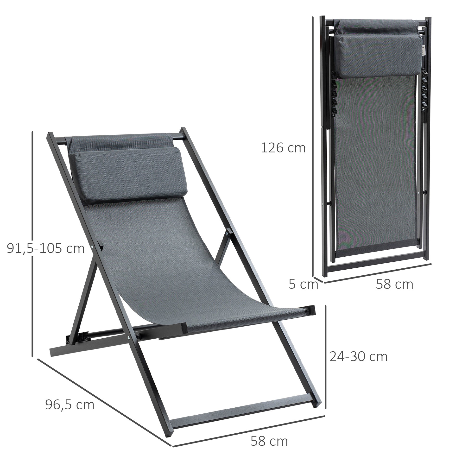 Outsunny Conjunto de 2 Tumbonas Plegables con Respaldo Regulable en 5 Posiciones y Reposacabezas Acolchado Incorporado 58x96.5x91.5cm Gris