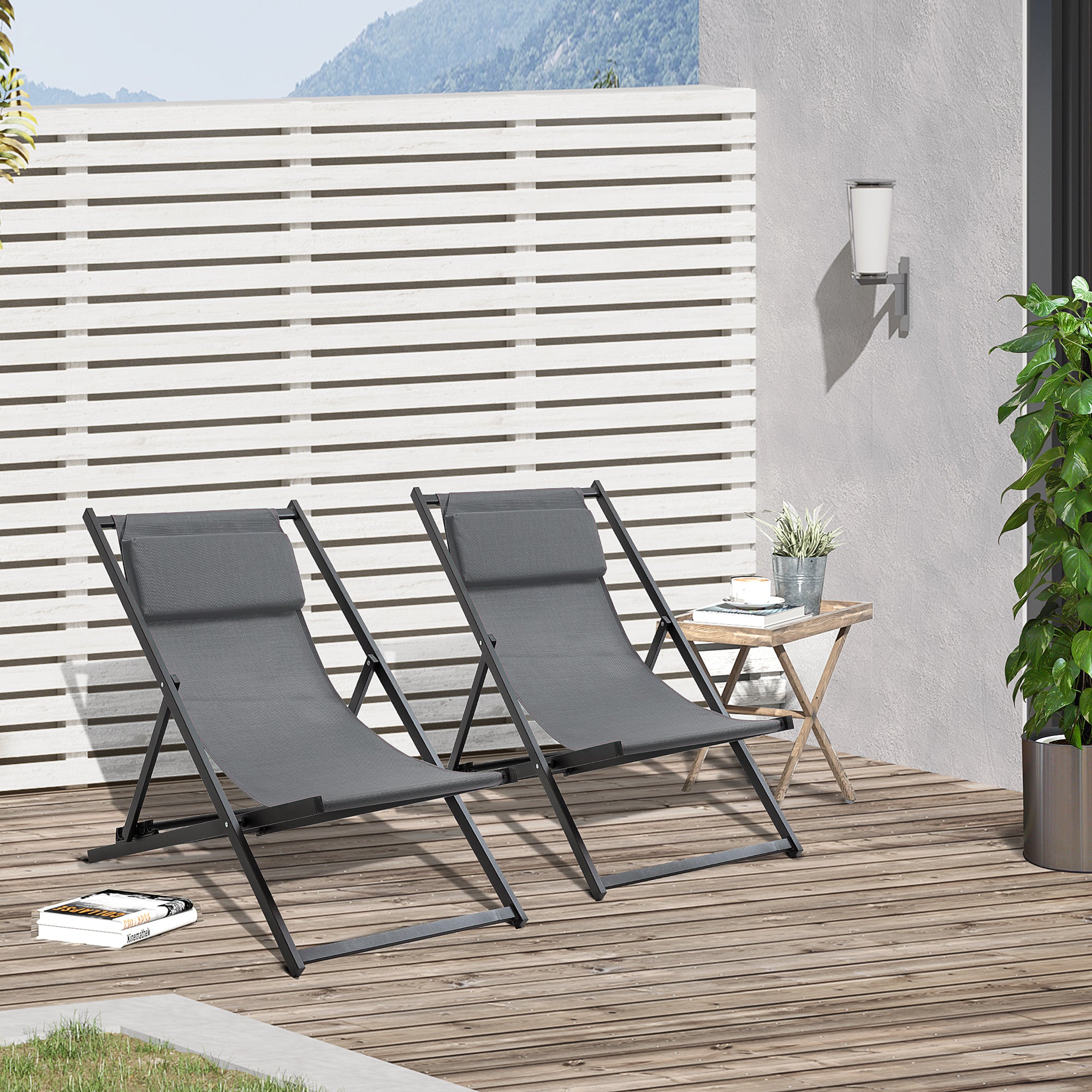 Outsunny Conjunto de 2 Tumbonas Plegables con Respaldo Regulable en 5 Posiciones y Reposacabezas Acolchado Incorporado 58x96.5x91.5cm Gris