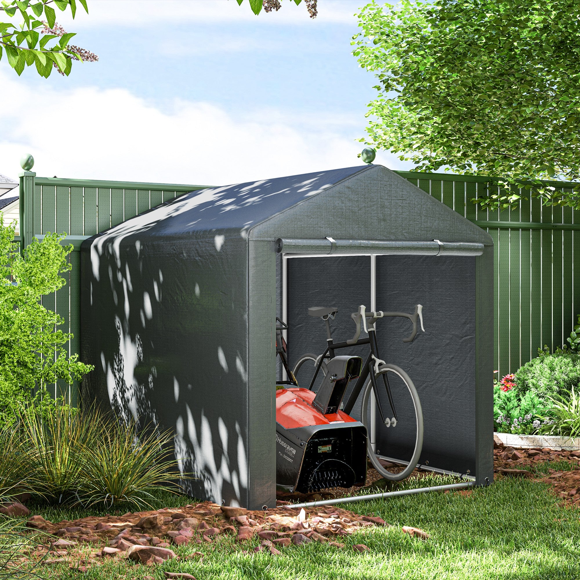 Outsunny Carpa para Herramientas Bicicletas y Motos 1,6x2,2x1,7 m Garaje Portátil con 2 Habitaciones Puerta con Cremallera Impermeable Anti-UV Cochera Portátil para Jardín Gris Oscuro