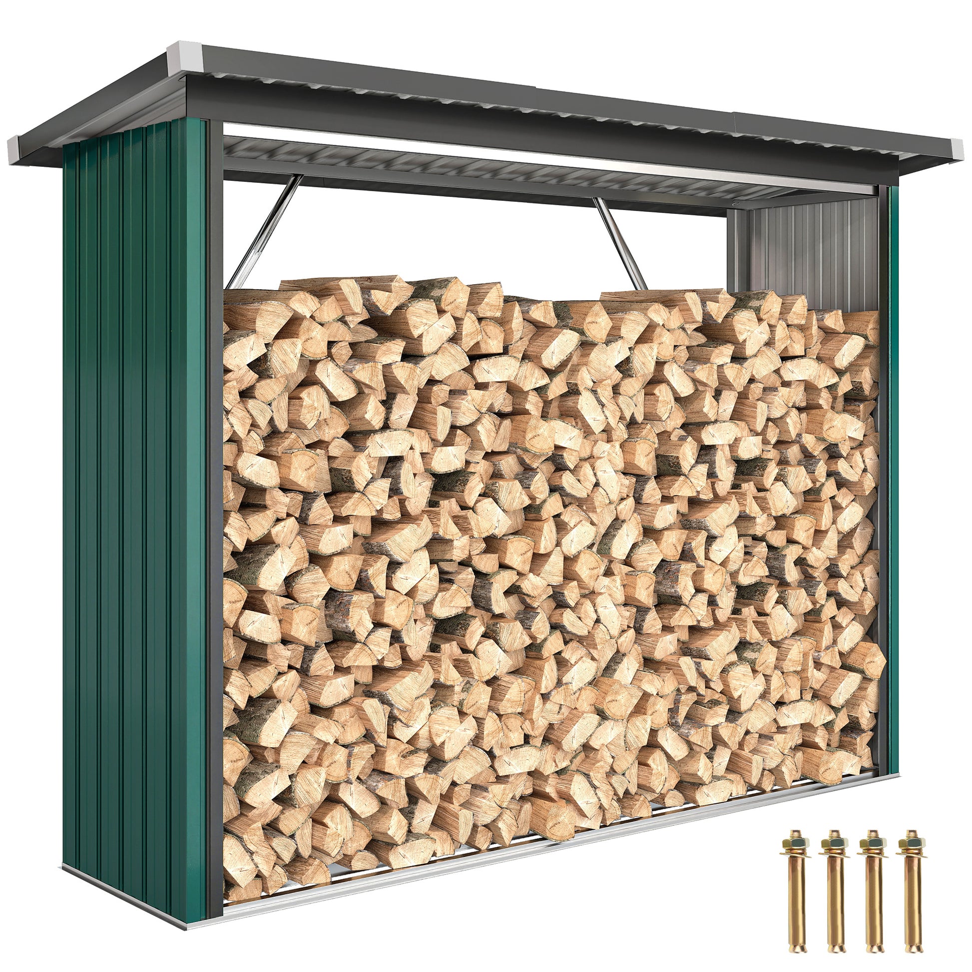 Outsunny Casetilla para Leña de Acero Galvanizado, Cobertizo Leñero Exterior de Almacenamiento de Troncos, con Base Elevada y Techo Inclinado, 213x66,5x150 cm, Verde