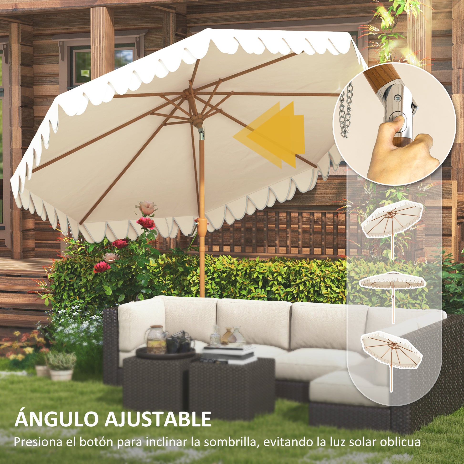 Outsunny Sombrilla Terraza Exterior, Ø264x240 cm, Sombrilla de Jardín con Ángulo Ajustable, Manivela y Volantes, Impermeable, Parasol para Playa, Patio, Balcón, Crema
