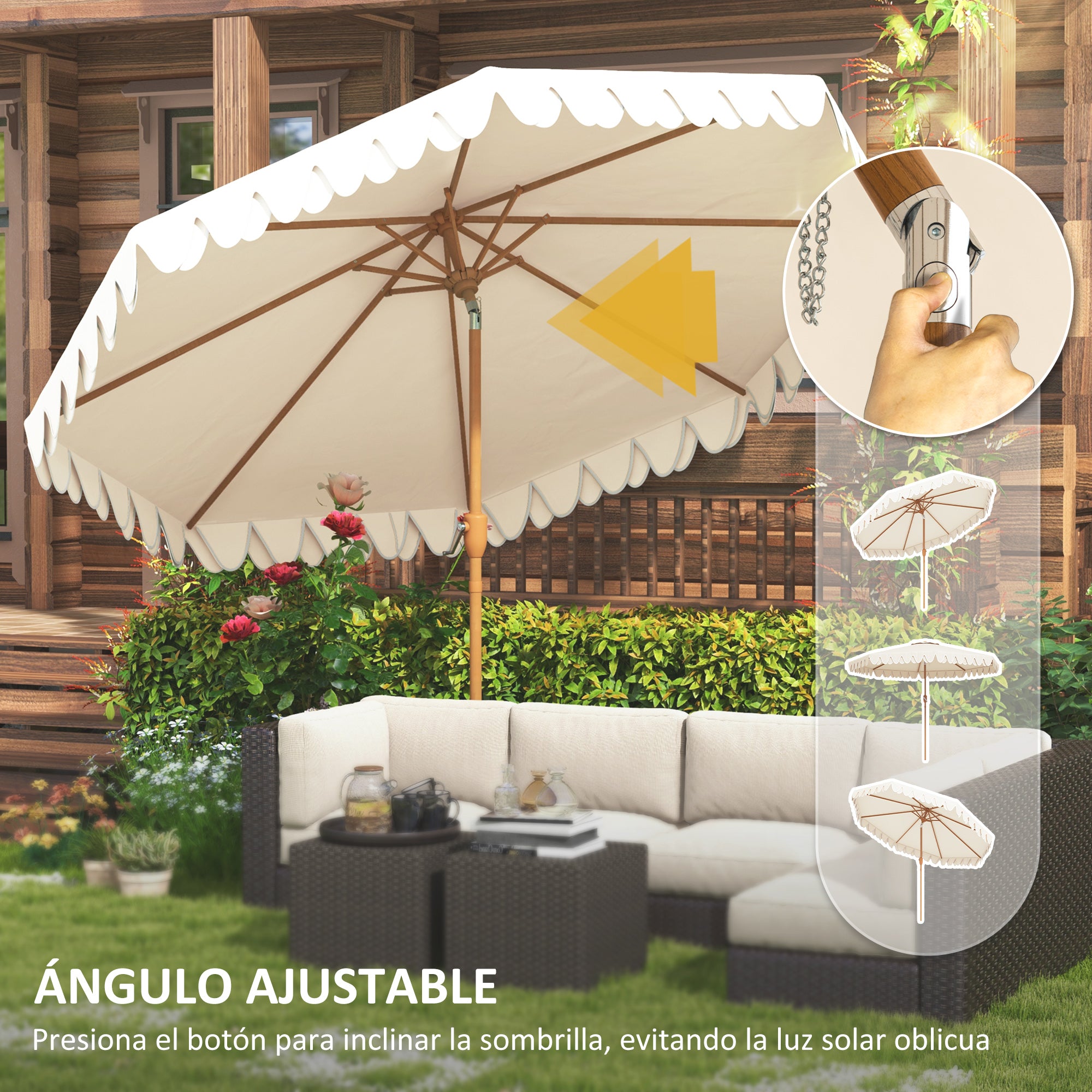 Outsunny Sombrilla Terraza Exterior, Ø264x240 cm, Sombrilla de Jardín con Ángulo Ajustable, Manivela y Volantes, Impermeable, Parasol para Playa, Patio, Balcón, Crema