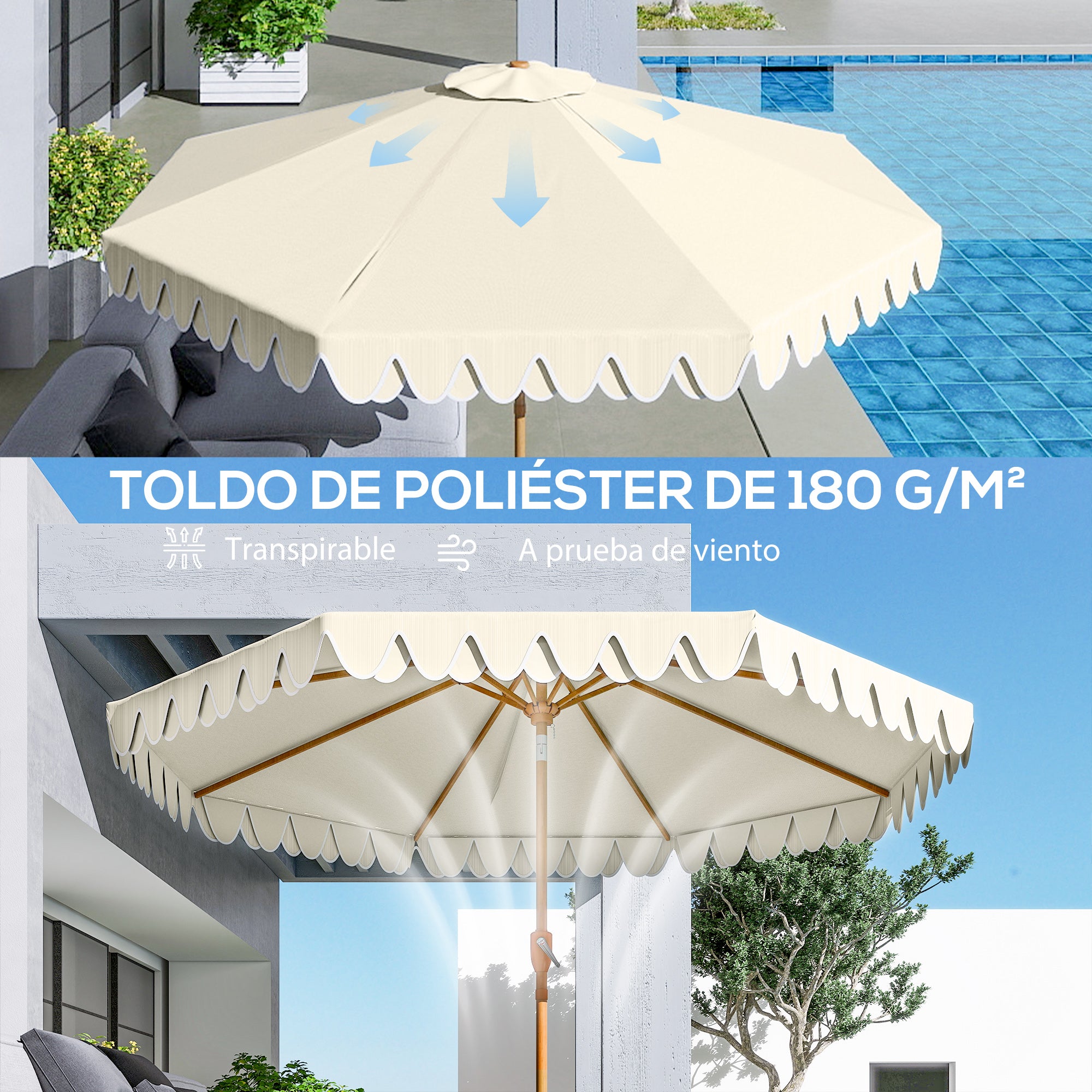 Outsunny Sombrilla Terraza Exterior, Ø264x240 cm, Sombrilla de Jardín con Ángulo Ajustable, Manivela y Volantes, Impermeable, Parasol para Playa, Patio, Balcón, Crema