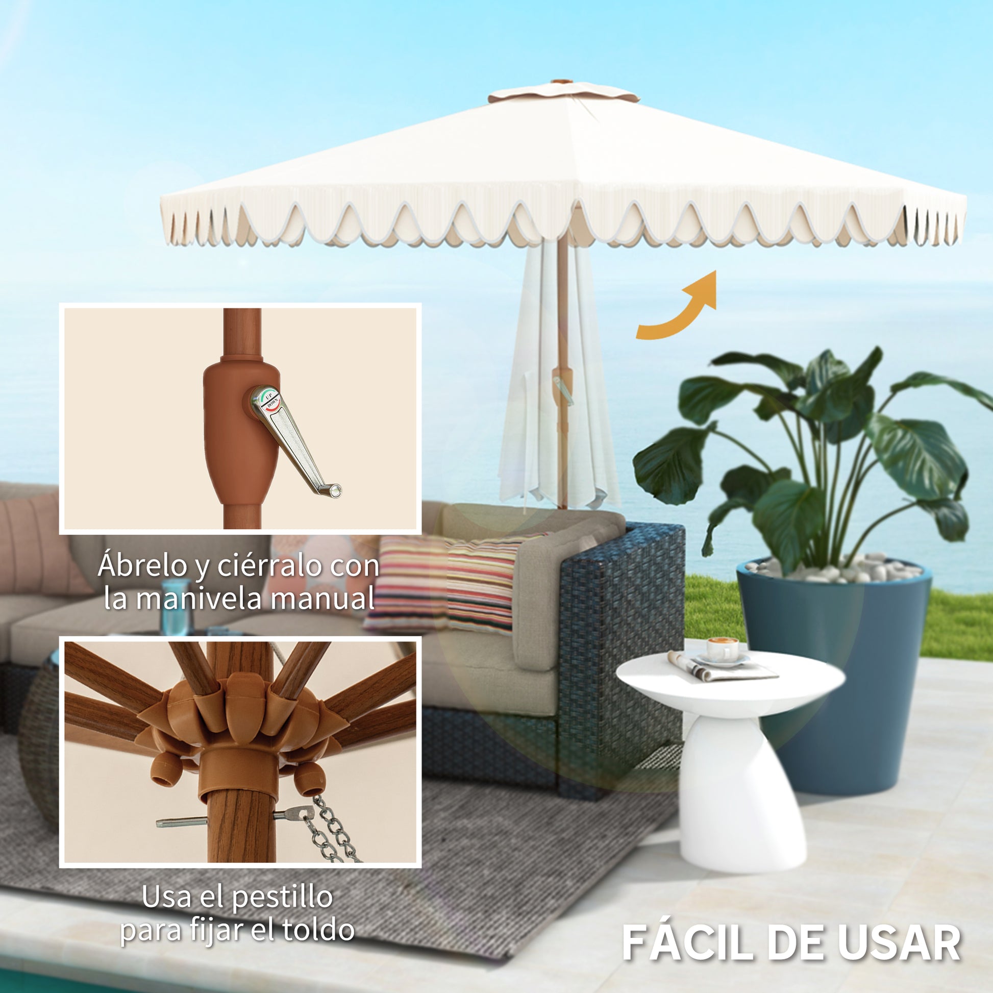 Outsunny Sombrilla Terraza Exterior, Ø264x240 cm, Sombrilla de Jardín con Ángulo Ajustable, Manivela y Volantes, Impermeable, Parasol para Playa, Patio, Balcón, Crema