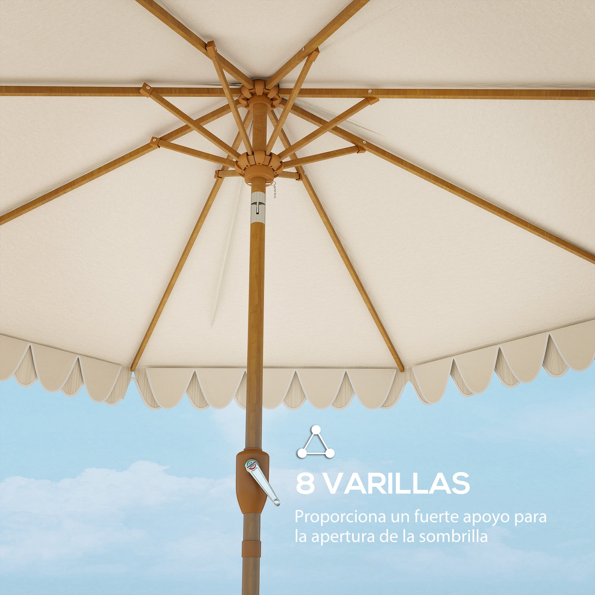 Outsunny Sombrilla Terraza Exterior, Ø264x240 cm, Sombrilla de Jardín con Ángulo Ajustable, Manivela y Volantes, Impermeable, Parasol para Playa, Patio, Balcón, Crema