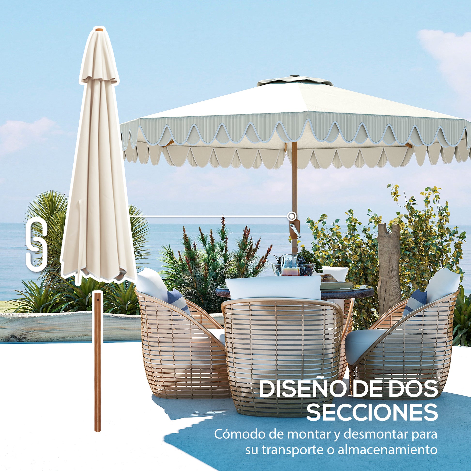 Outsunny Sombrilla Terraza Exterior, Ø264x240 cm, Sombrilla de Jardín con Ángulo Ajustable, Manivela y Volantes, Impermeable, Parasol para Playa, Patio, Balcón, Crema