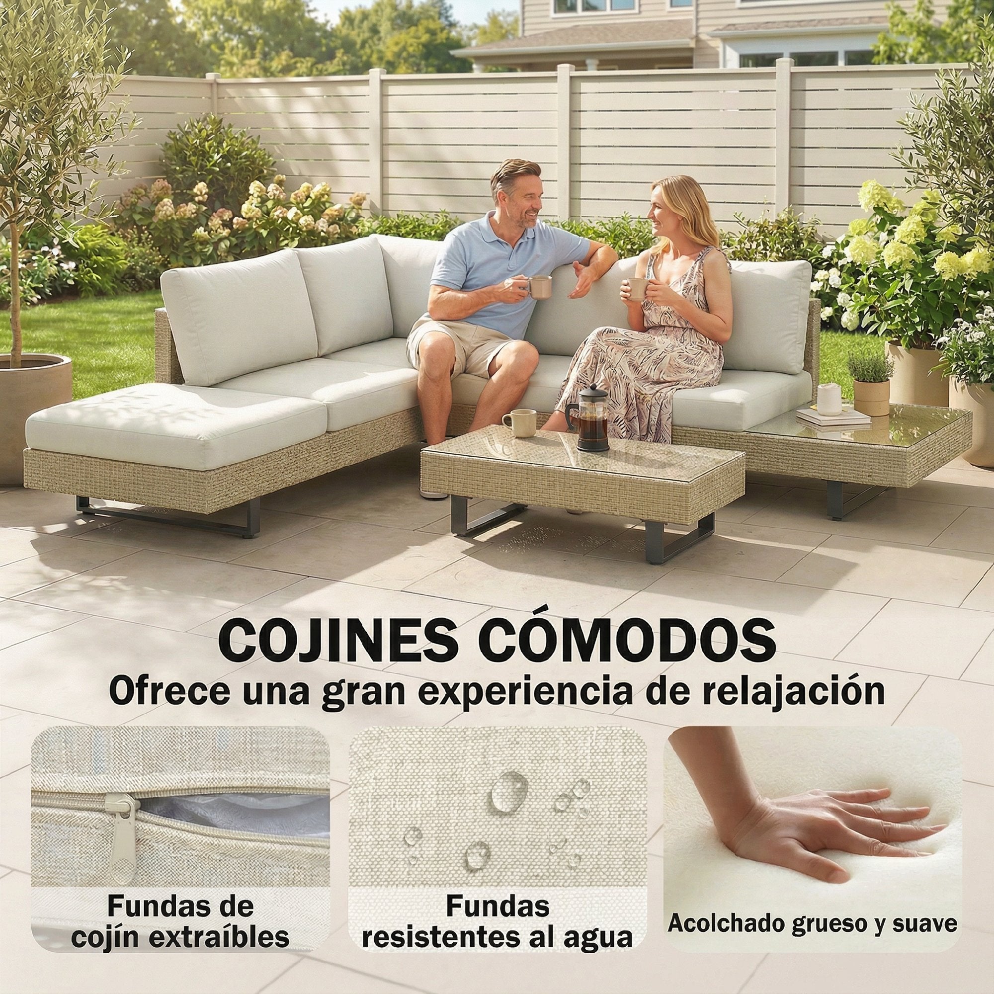 Outsunny Conjunto de Jardín de Ratán de 3 Piezas, Conjunto Terraza Resistente, Muebles Jardín Exterior Incluye Cojines, Sofá de 3 Plazas, Sofá de 2 Plazas con Mesa Lateral, Mesa Centro de Vidrio Beige