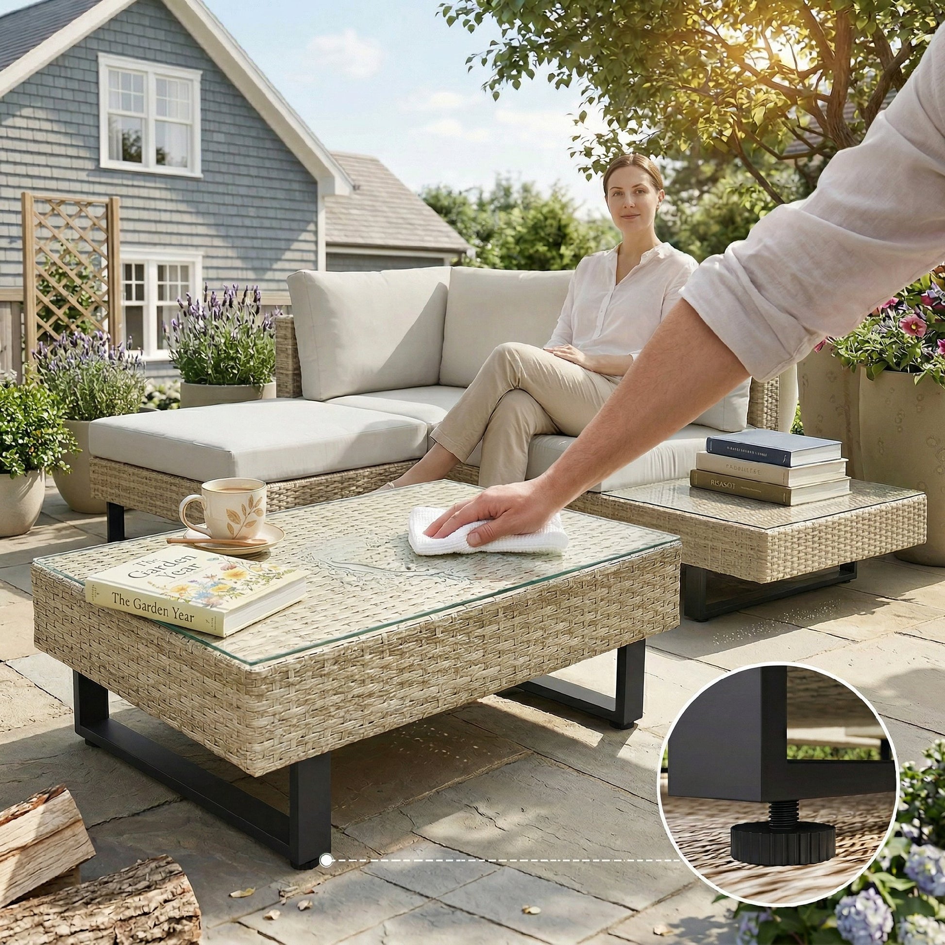 Outsunny Conjunto de Jardín de Ratán de 3 Piezas, Conjunto Terraza Resistente, Muebles Jardín Exterior Incluye Cojines, Sofá de 3 Plazas, Sofá de 2 Plazas con Mesa Lateral, Mesa Centro de Vidrio Beige