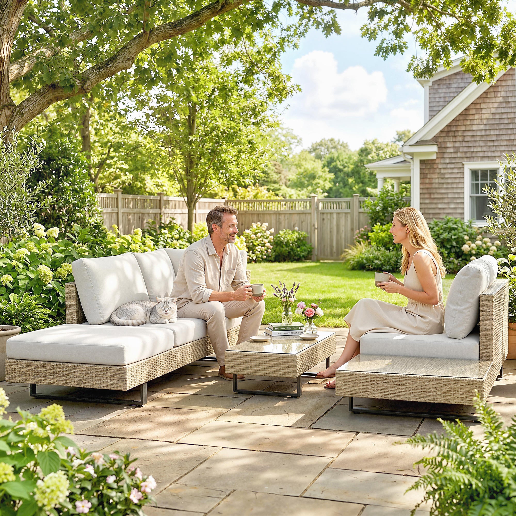 Outsunny Conjunto de Jardín de Ratán de 3 Piezas, Conjunto Terraza Resistente, Muebles Jardín Exterior Incluye Cojines, Sofá de 3 Plazas, Sofá de 2 Plazas con Mesa Lateral, Mesa Centro de Vidrio Beige