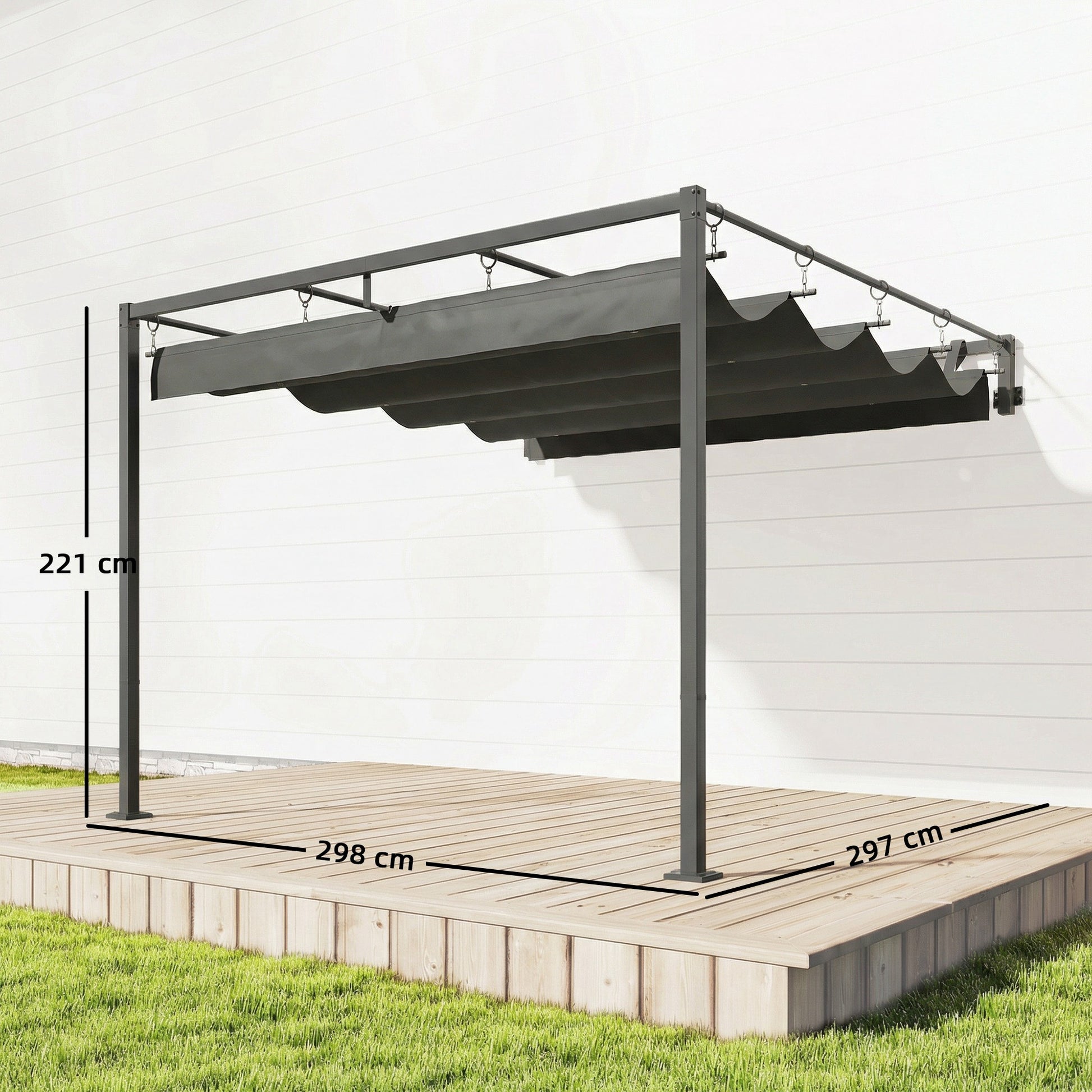 Outsunny Pérgola de Pared de Jardín 3x3 m, Cenador de Jardín con Techo Retráctil, Protección UPF30+, Orificios de Drenaje y Estructura de Acero, Pabellón para Patio, Terraza, Exterior, Gris Oscuro