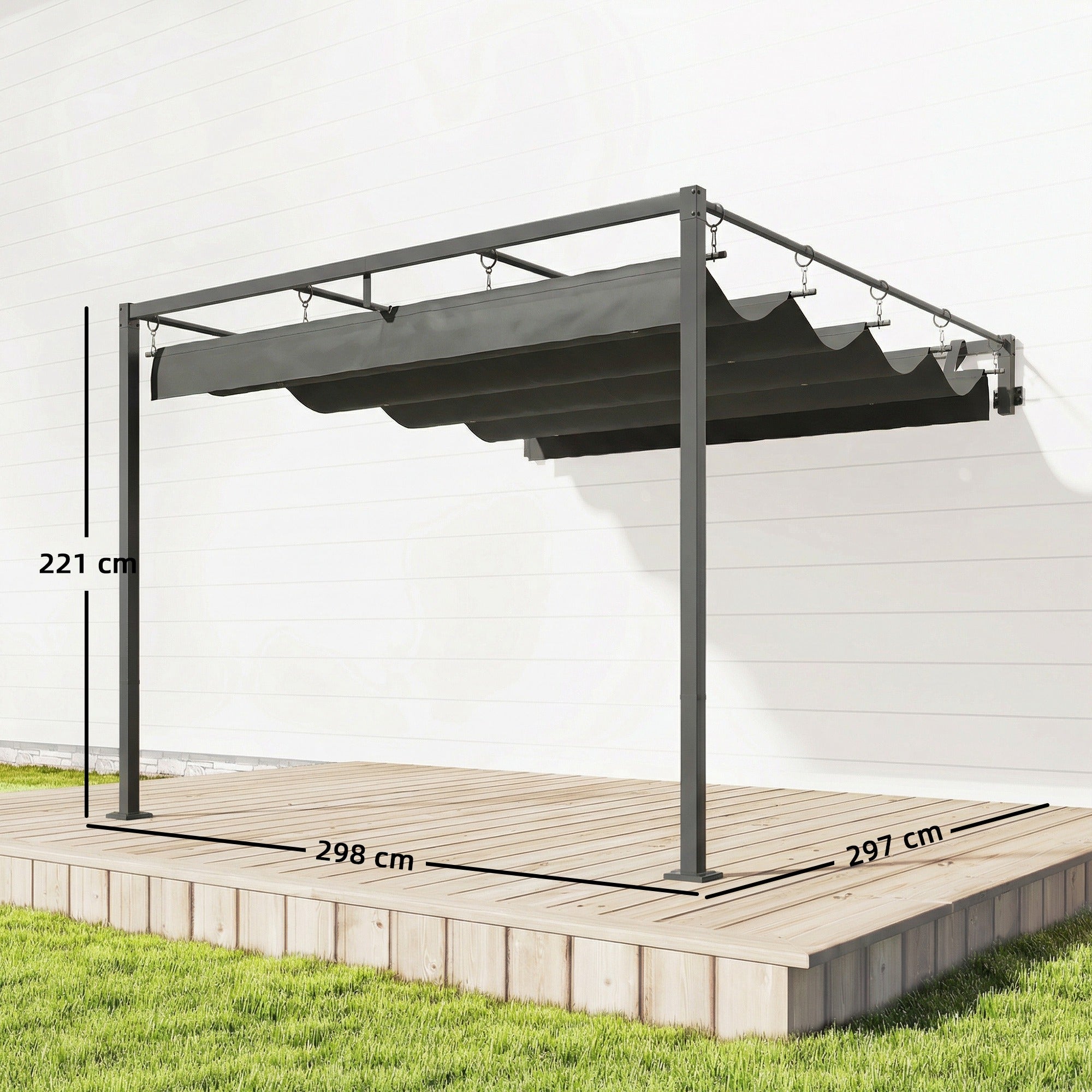 Outsunny Pérgola de Pared de Jardín 3x3 m, Cenador de Jardín con Techo Retráctil, Protección UPF30+, Orificios de Drenaje y Estructura de Acero, Pabellón para Patio, Terraza, Exterior, Gris Oscuro