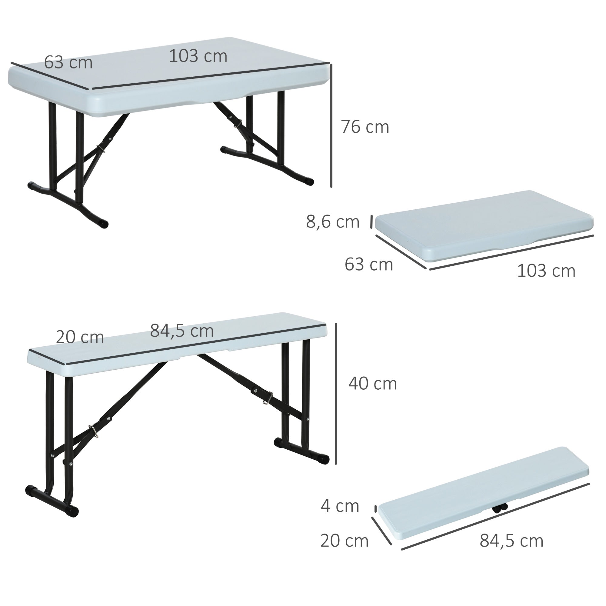 Outsunny Conjunto Mesa y 2 Bancos Plegables de Jardín Muebles para Camping Picnic Multiusos Mesa de 103x63x76 cm y Asiento de 84,5x20x40 cm Blanco