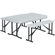 Outsunny Conjunto Mesa y 2 Bancos Plegables de Jardín Muebles para Camping Picnic Multiusos Mesa de 103x63x76 cm y Asiento de 84,5x20x40 cm Blanco
