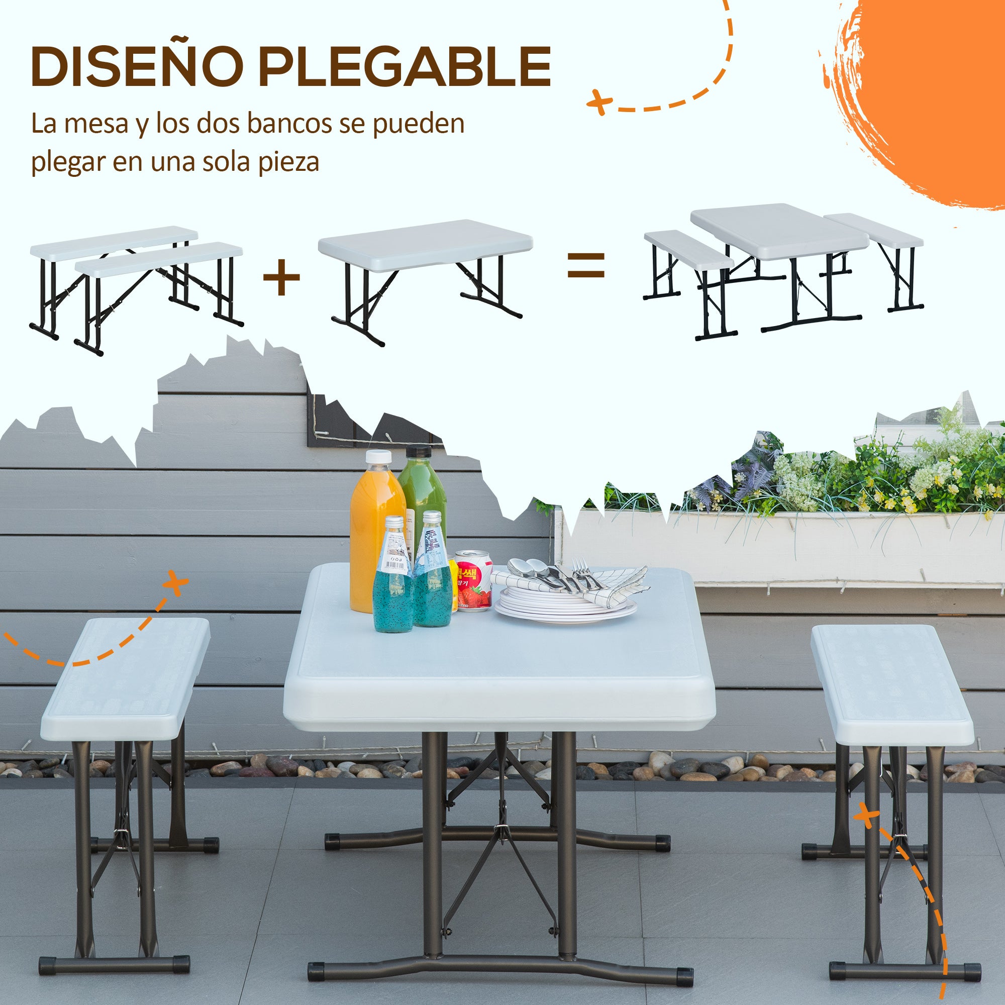 Outsunny Conjunto Mesa y 2 Bancos Plegables de Jardín Muebles para Camping Picnic Multiusos Mesa de 103x63x76 cm y Asiento de 84,5x20x40 cm Blanco