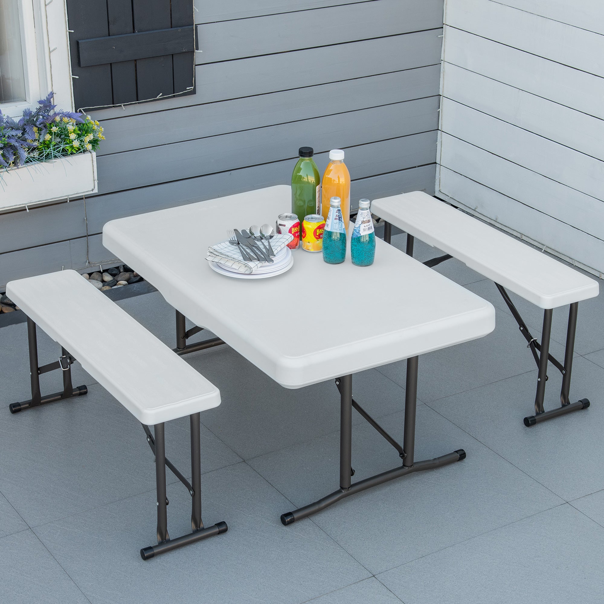 Outsunny Conjunto Mesa y 2 Bancos Plegables de Jardín Muebles para Camping Picnic Multiusos Mesa de 103x63x76 cm y Asiento de 84,5x20x40 cm Blanco