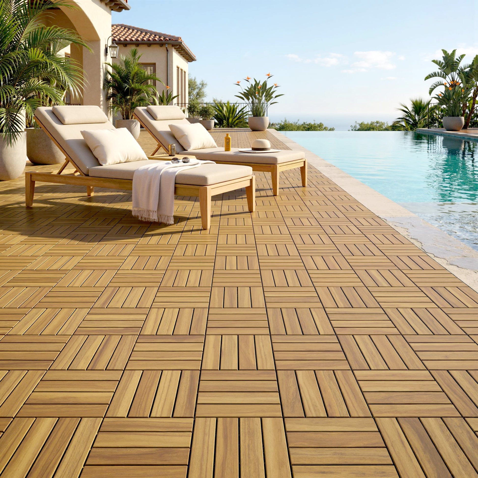 Outsunny Set de 10 Piezas Baldosas de Exterior de Madera de Acacia, 31x31 cm, 0,91 m², Suelo de Terraza Exterior, Antideslizantes y Resistentes al Clima, Fácil Instalación, para Terraza, Natural