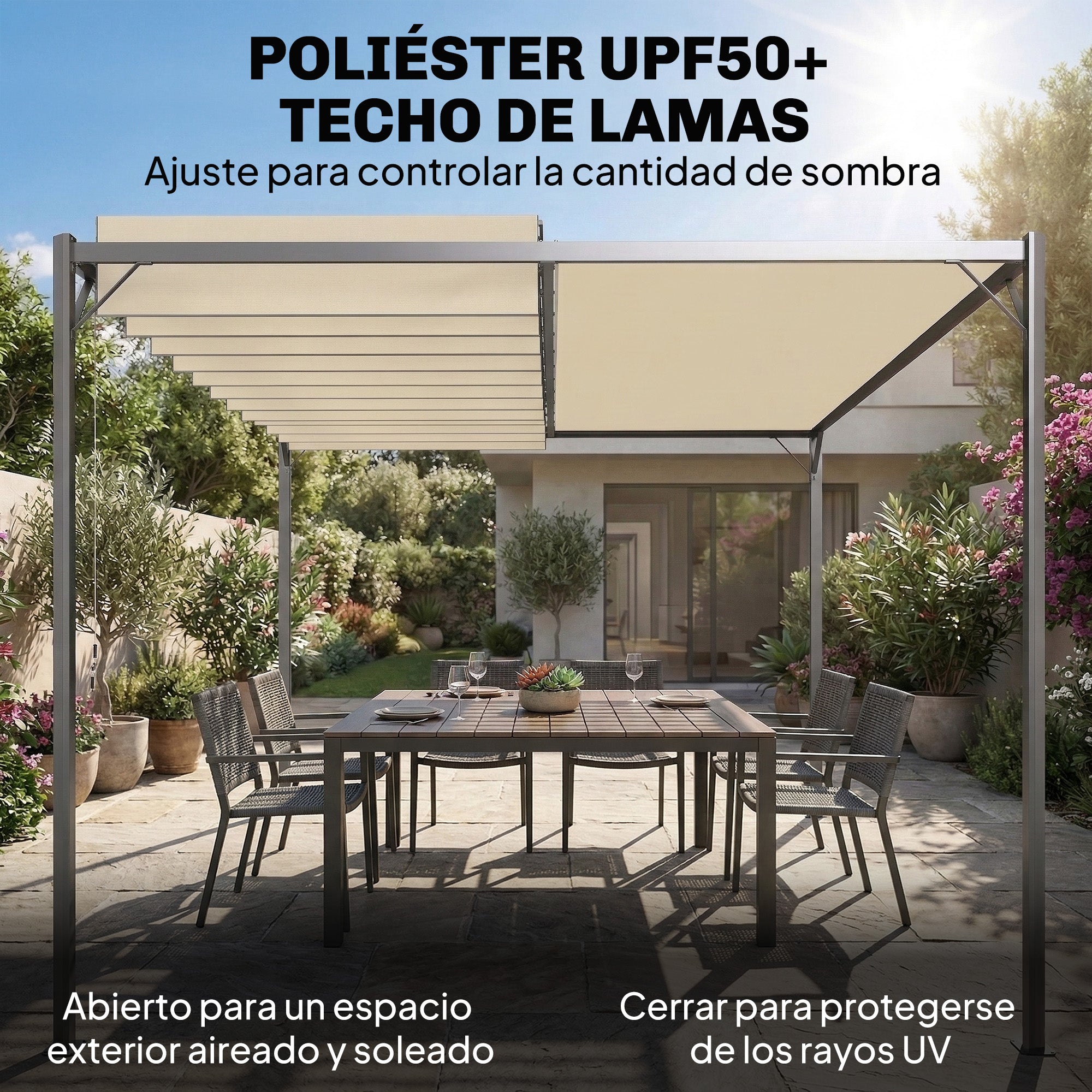 Outsunny Pérgola de Jardín 3x4 m, Cenador de Jardín con Techo de Lamas Orientables, Estructura de Metal, Protección UPF50+, Pabellón para Exterior, Patio, Terraza, Blanco Crema
