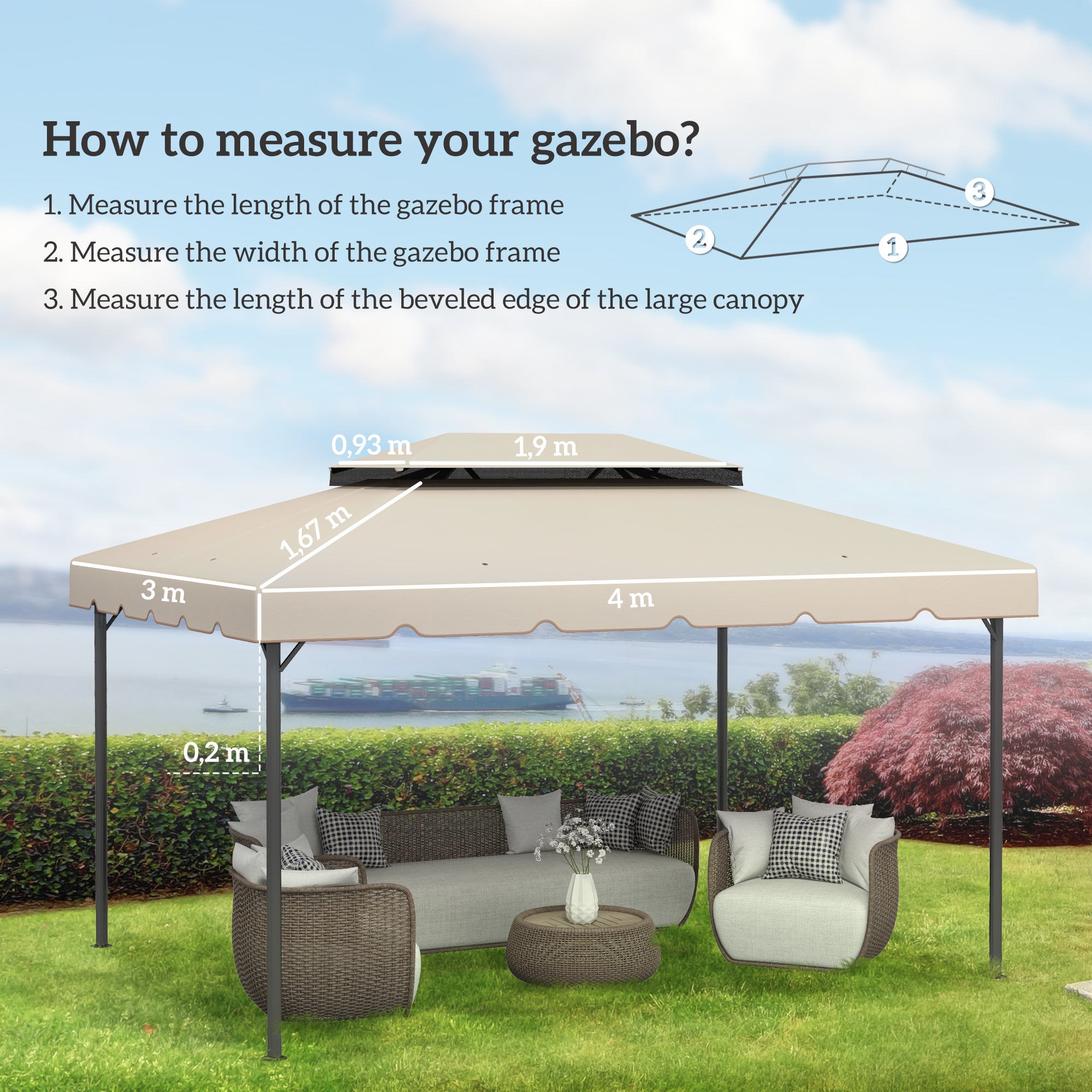 Outsunny Techo de Repuesto para Cenador 4x3 m Cubierta de Repuesto con Techo Doble con 8 Orificios de Drenaje Toldo de Recambio para Pabellón Gazebo Beige