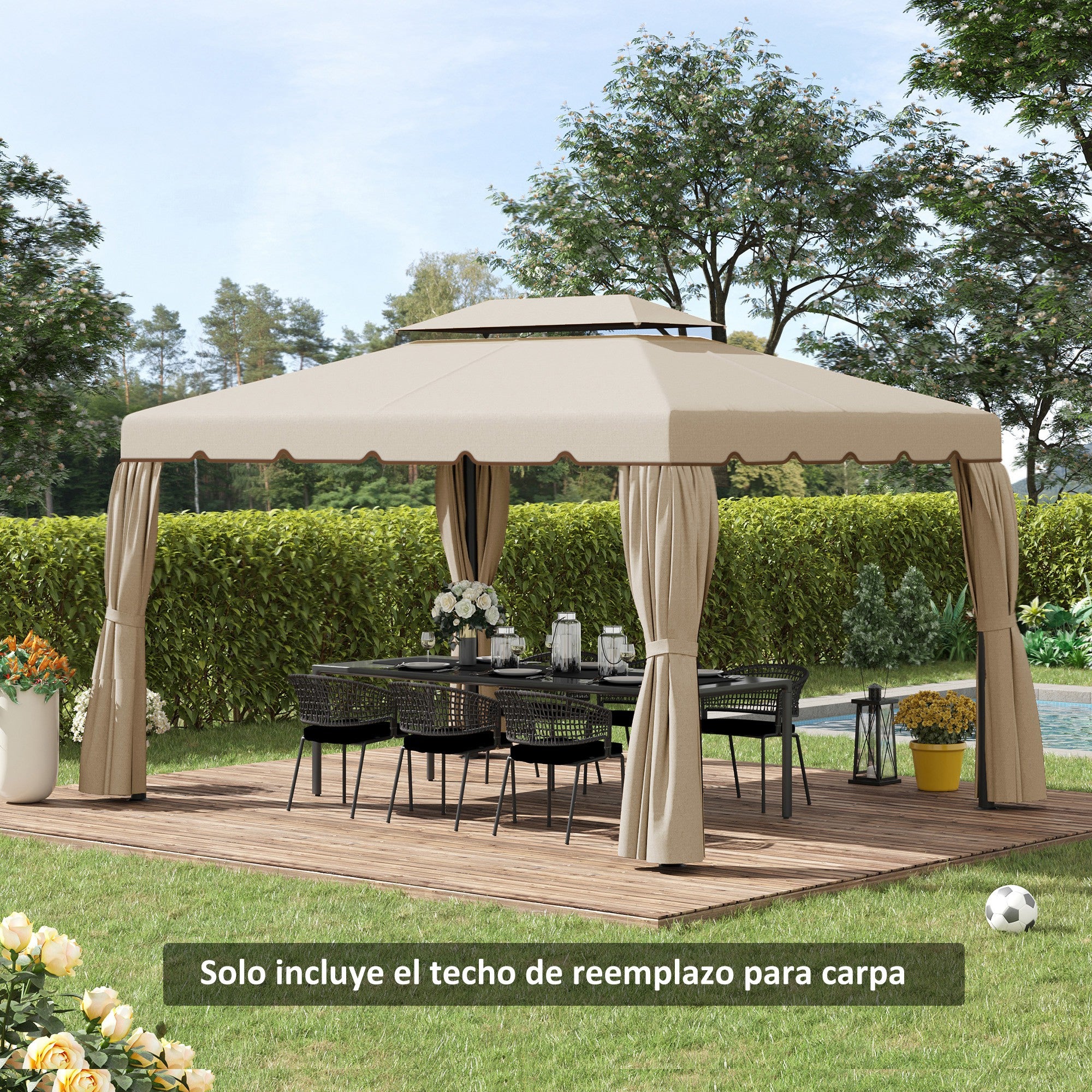 Outsunny Techo de Repuesto para Cenador 4x3 m Cubierta de Repuesto con Techo Doble con 8 Orificios de Drenaje Toldo de Recambio para Pabellón Gazebo Beige