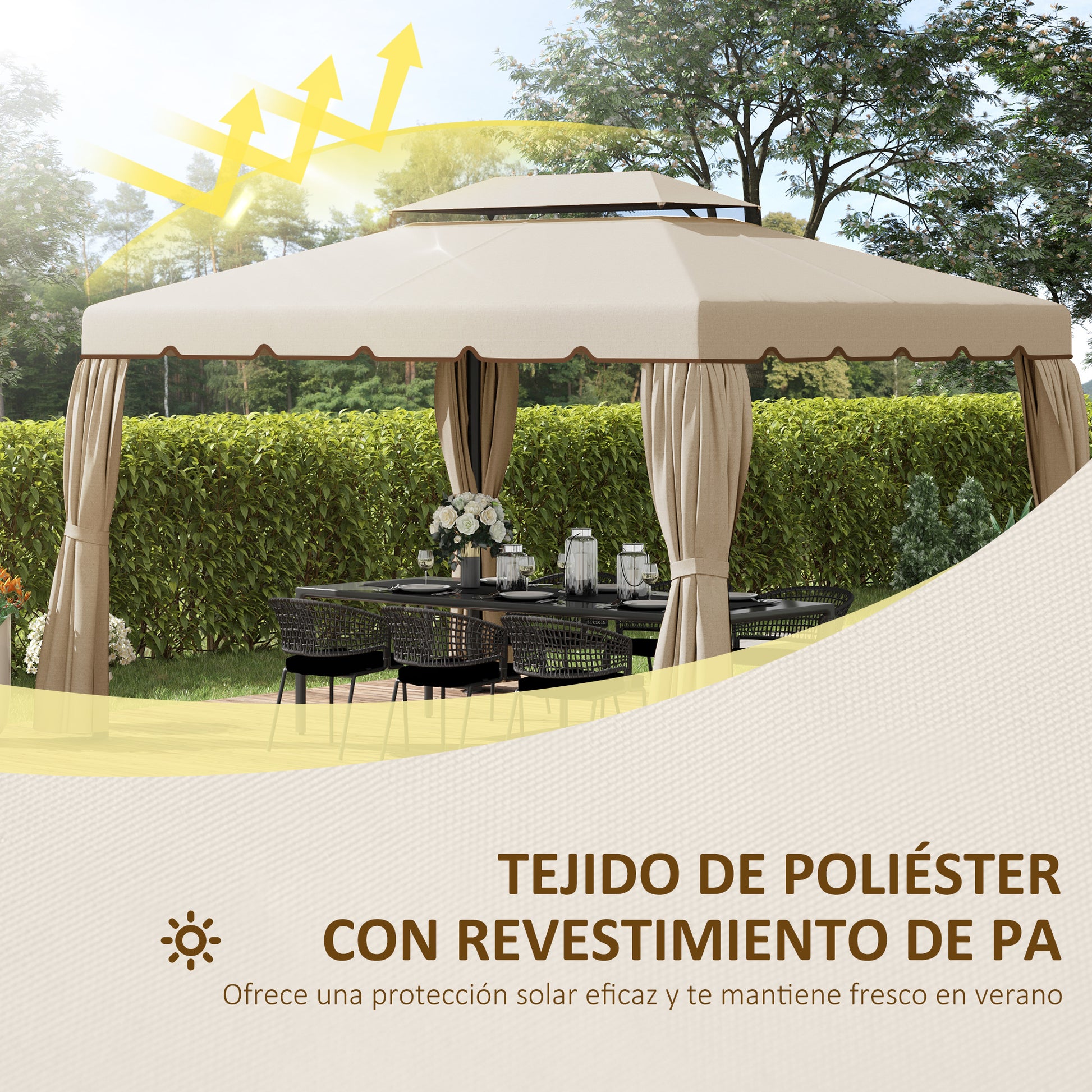 Outsunny Techo de Repuesto para Cenador 4x3 m Cubierta de Repuesto con Techo Doble con 8 Orificios de Drenaje Toldo de Recambio para Pabellón Gazebo Beige