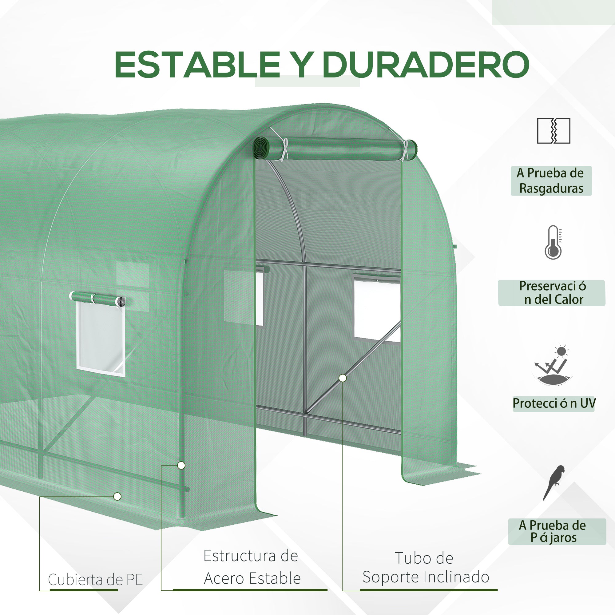 Outsunny Invernadero de Exterior 3,5x2x2 m Invernadero de Túnel con Cubierta de PE 140 g/m² para Cultivo Plantas Verduras Frutas en Jardín Terraza Verde