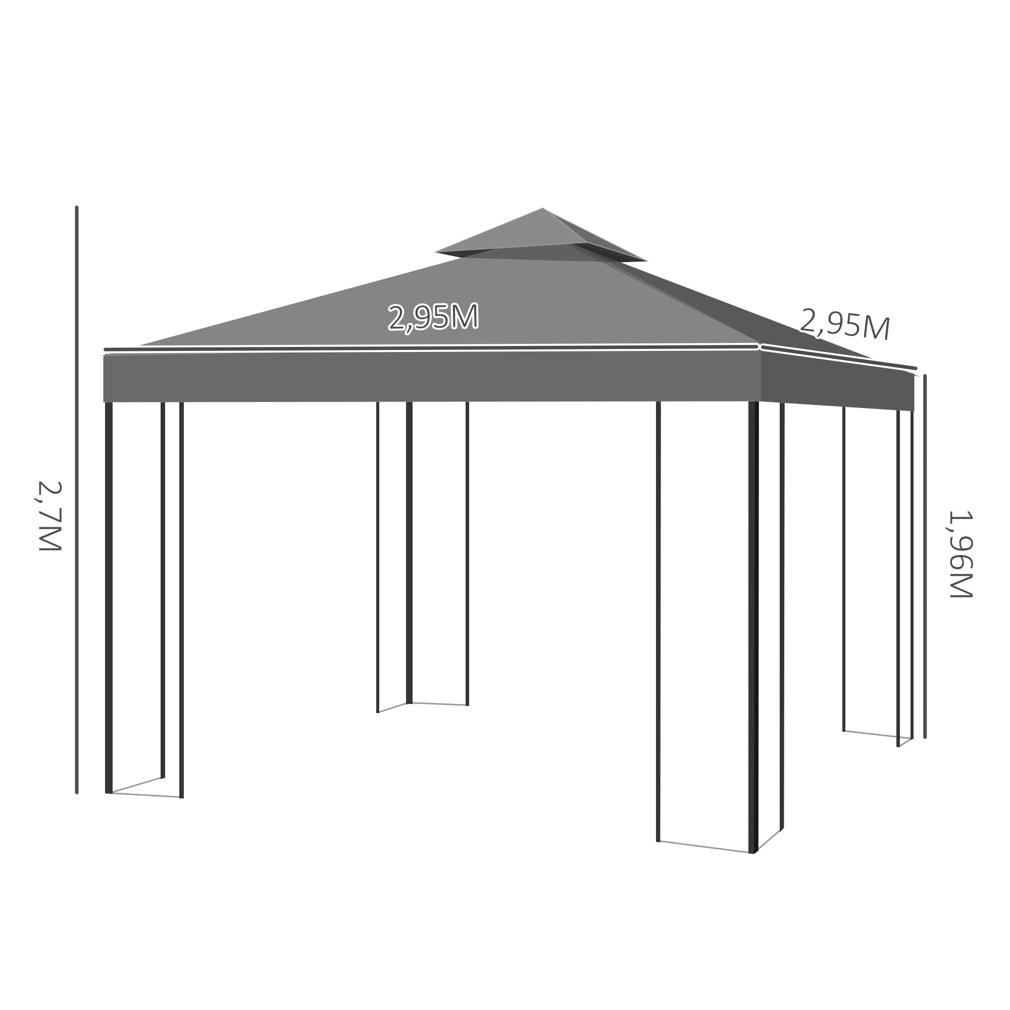 Outsunny Cenador de Jardín 3x3 m Pabellón de Jardín Gazebo con Doble Techo Estructura de Acero 8 Orificios de Drenaje Resistente al Agua Carpa para Exterior Terraza Patio Gris