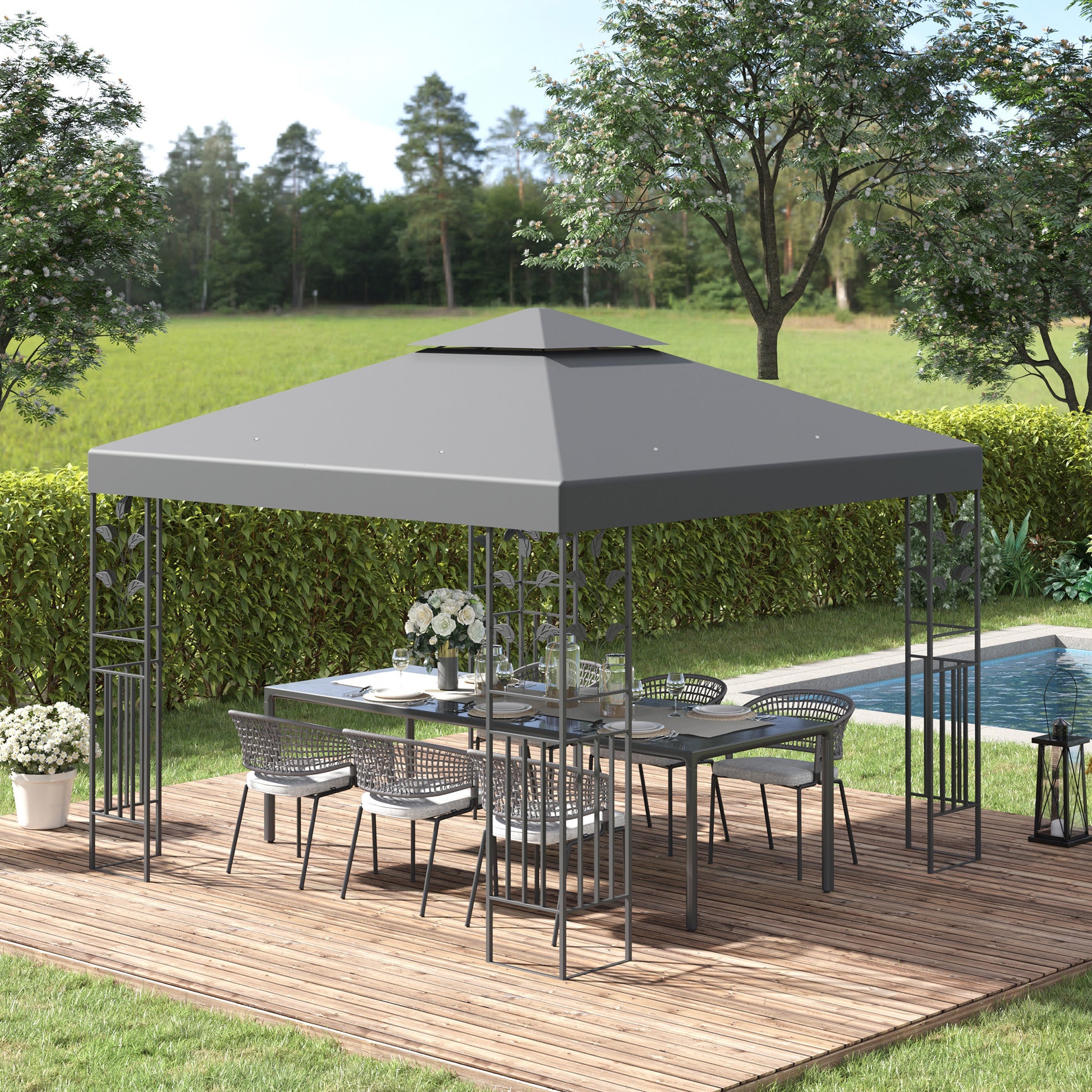 Outsunny Cenador de Jardín 3x3 m Pabellón de Jardín Gazebo con Doble Techo Estructura de Acero 8 Orificios de Drenaje Resistente al Agua Carpa para Exterior Terraza Patio Gris